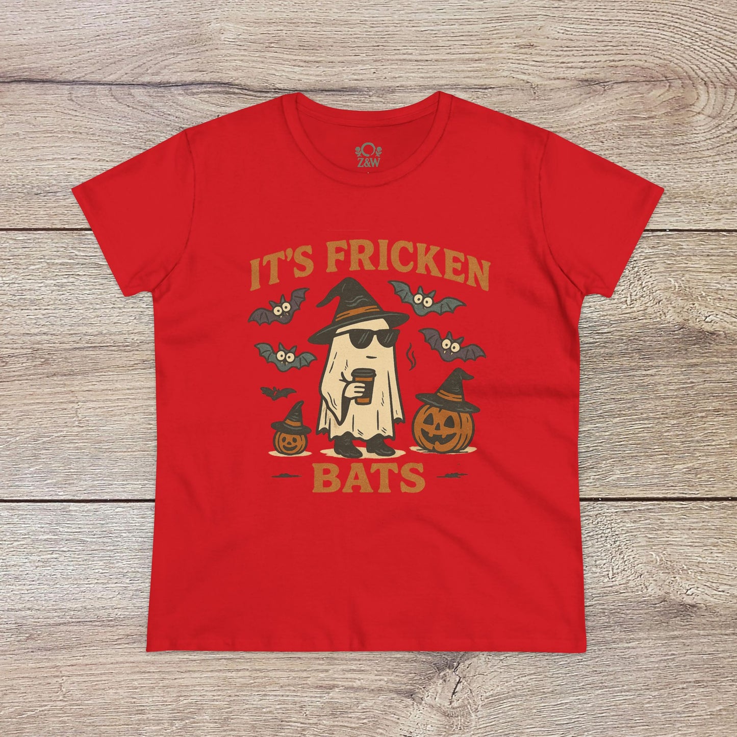 Halloween Unisex T-Shirt featuring a fun graphic of a ghost with sunglasses surrounded by bats and pumpkins, made from 100% cotton, perfect for trick-or-treating.