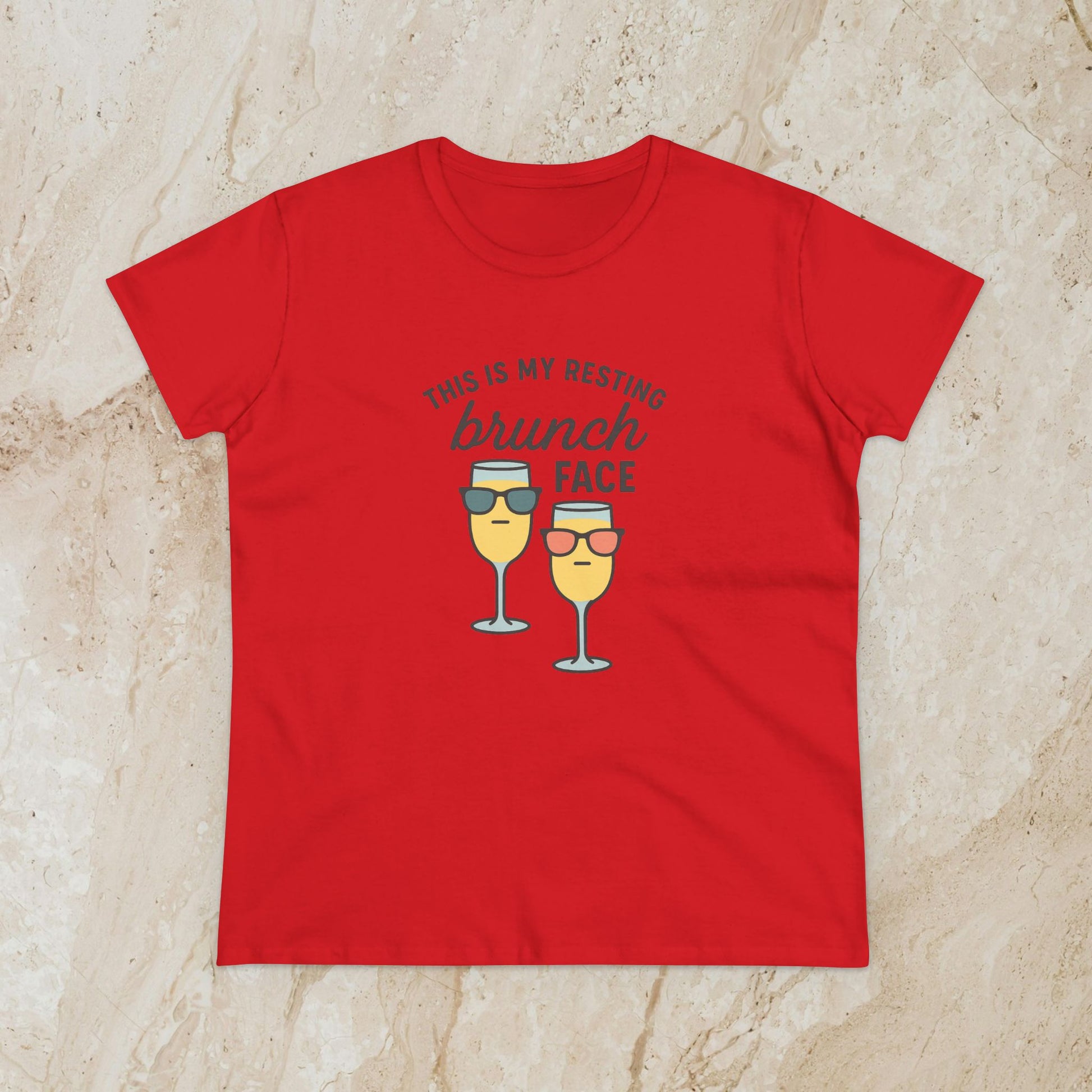 Women's Premium 100% Cotton Brunch Face Tee in red featuring a vibrant design of two cocktail glasses wearing shades and the text 'THIS IS MY RESTING brunch FACE'. A must-have for brunch enthusiasts.