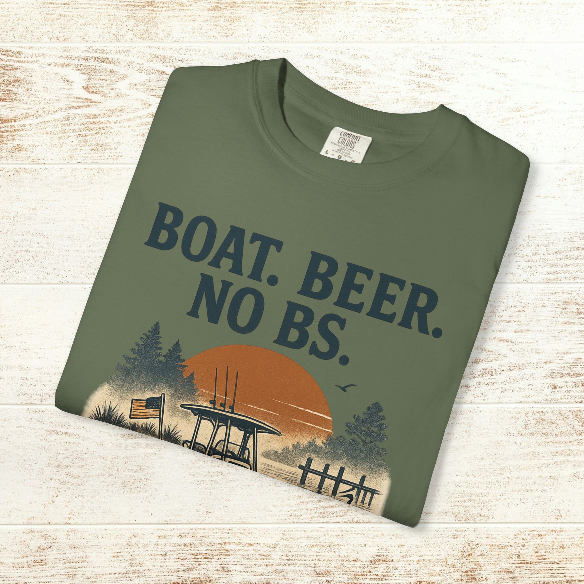 Folded Boat Beer No BS Tee showcasing a serene sunset and fishing scene, ideal for casual wear.