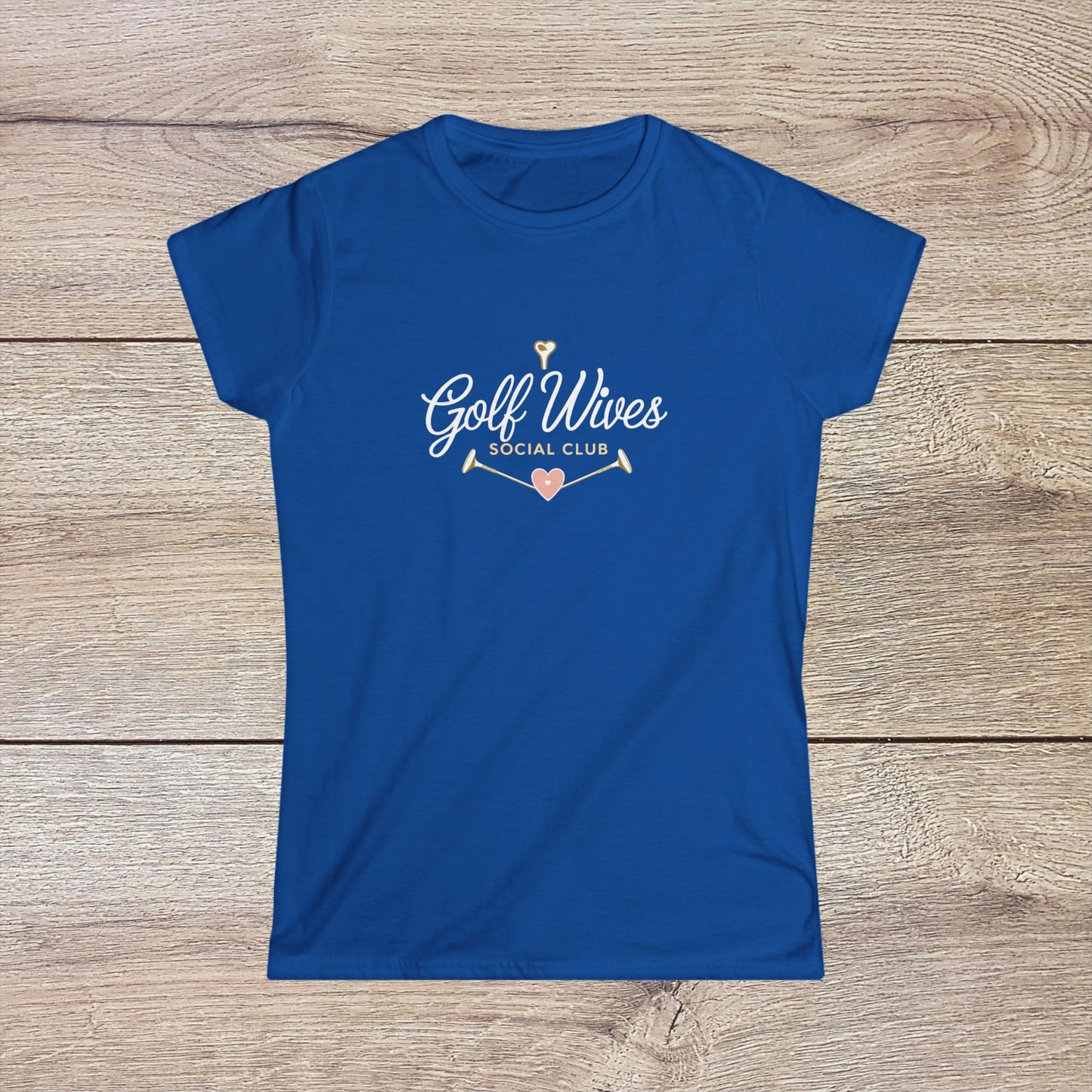 Golf Wives Social Club Tee in vibrant blue, made from 100% ring-spun cotton, showcasing a stylish design perfect for golf enthusiasts.