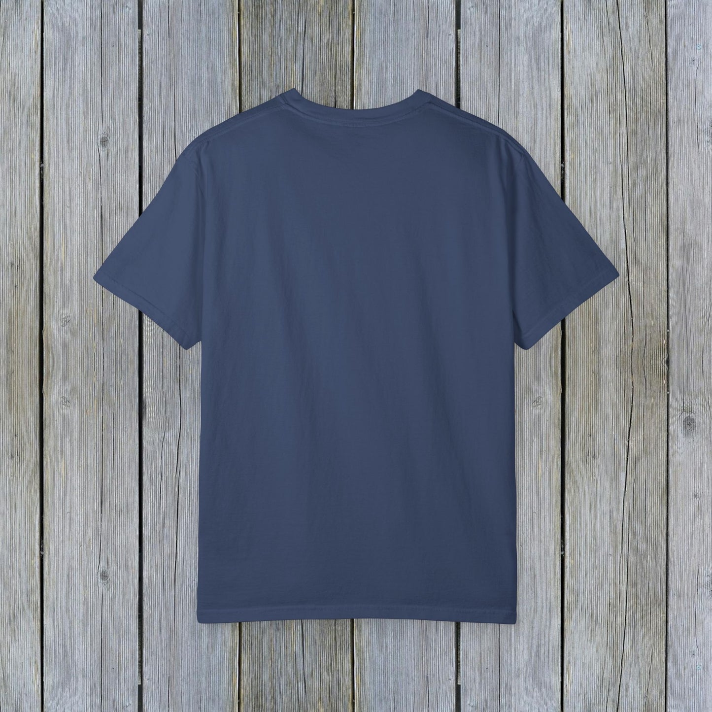 Back view of the Unisex Garment-Dyed Lake Rules Tee, emphasizing its relaxed fit and soft vintage fabric, perfect for lake lovers.