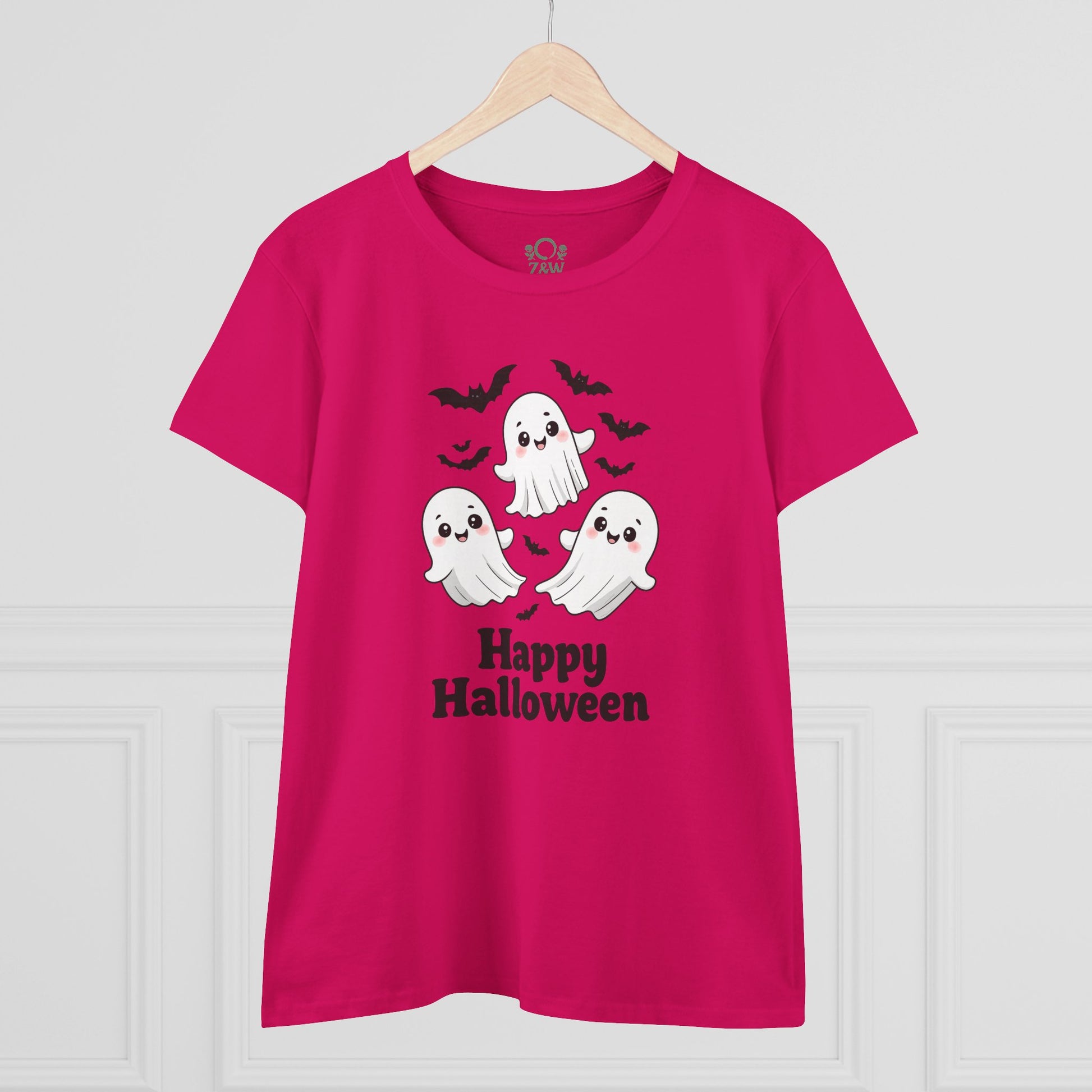Cute Halloween Ghost T-Shirt for Kids & Adults featuring cheerful ghosts and bats design, perfect for celebrating spooky season.