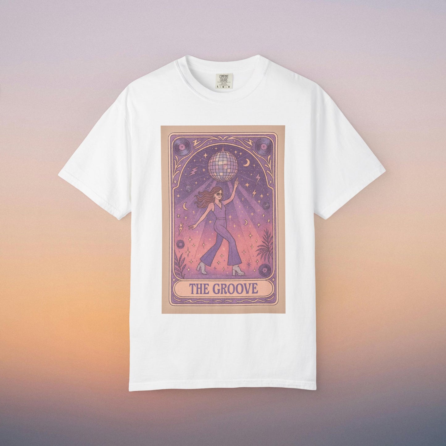 Groove Tarot Graphic Tee in classic white, displaying an artistic design of a figure with a disco ball, designed for unisex fit and made from soft, durable 100% ring-spun cotton.