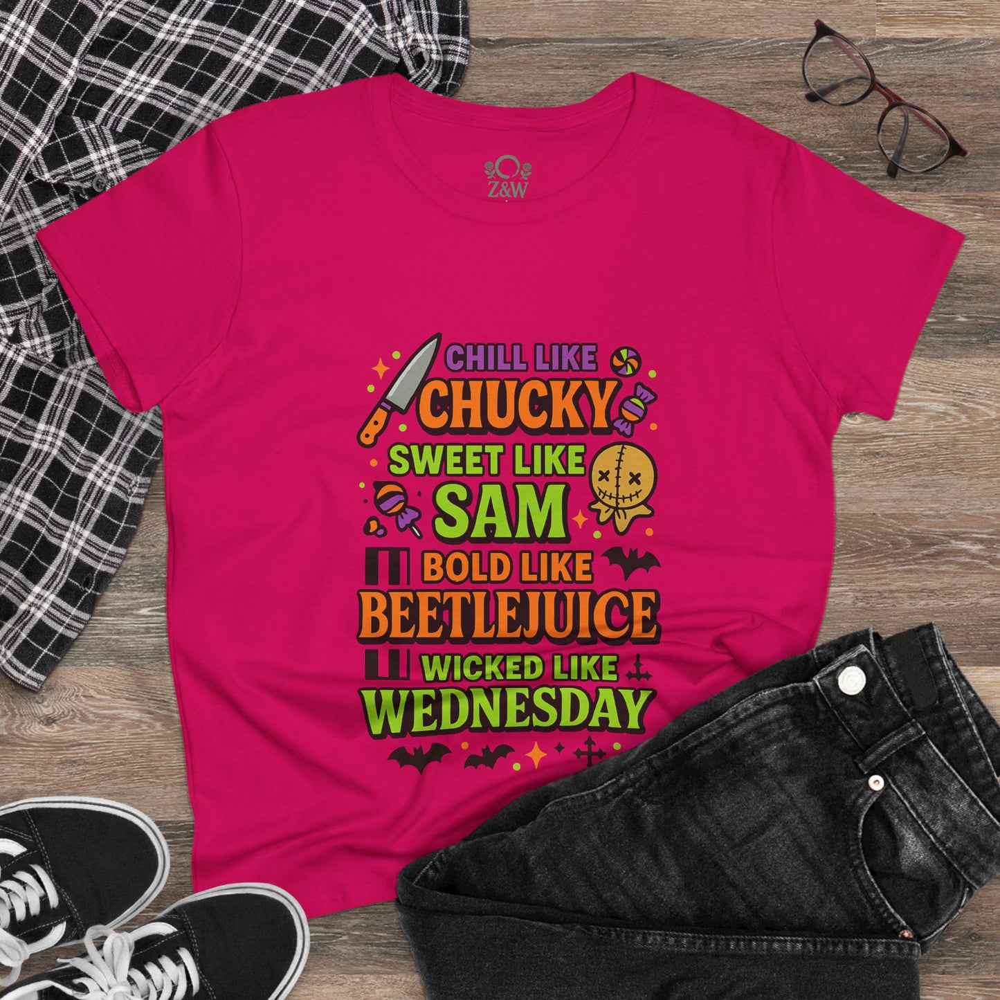 Spooktacular Horror Tee: Chill Like Chucky, Sweet Like Sam, Beetlejuice, Wednesday Addams, Halloween Shirt, Horror Fan Gift