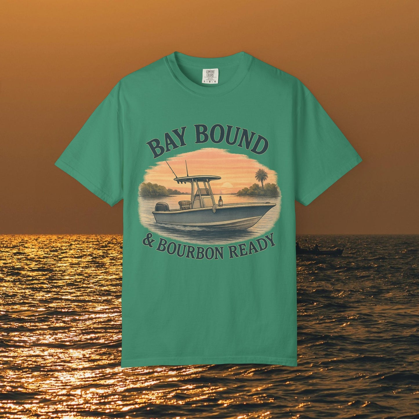 Bay Bound T-Shirt for Summer with vibrant colors and a boat print, designed for fishing and beach lovers. Comfortable cotton tee perfect for outdoor fun, available in sizes S-4XL.
