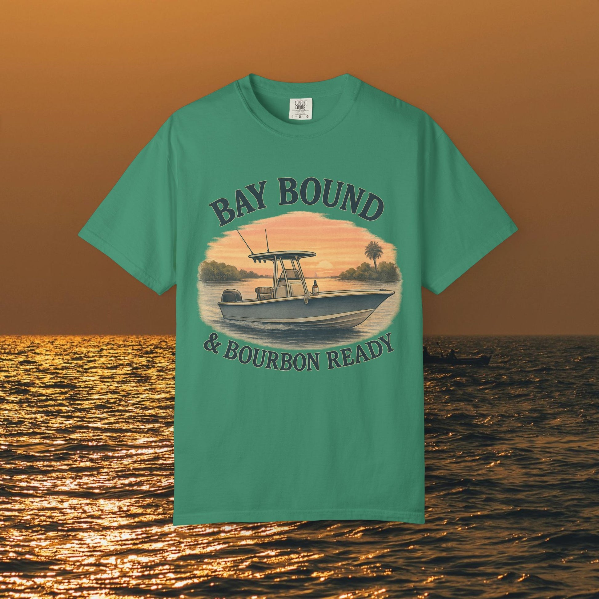 Bay Bound T-Shirt for Summer with vibrant colors and a boat print, designed for fishing and beach lovers. Comfortable cotton tee perfect for outdoor fun, available in sizes S-4XL.