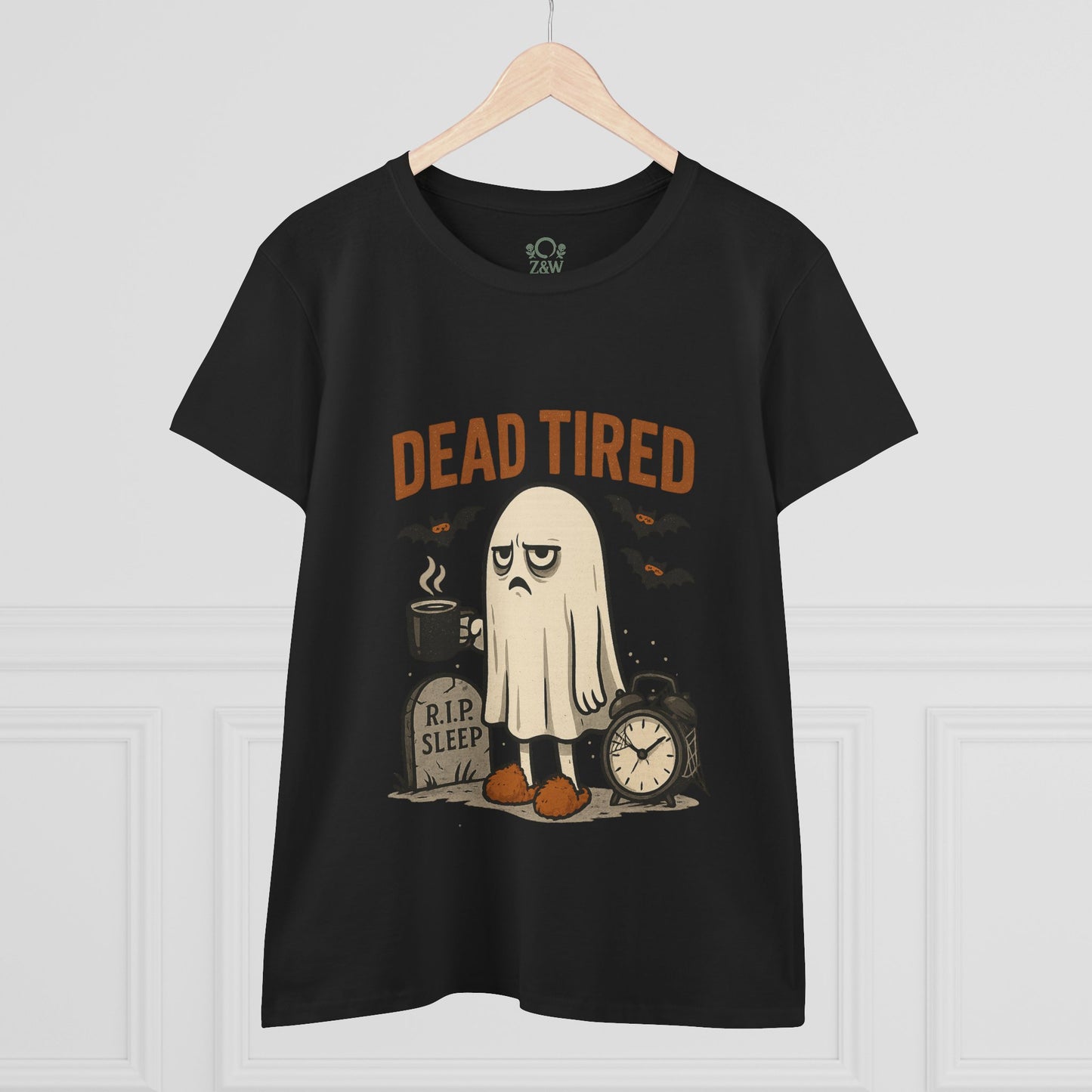 Front view of a Cute Whimsical Ghost T-Shirt for Halloween with 'Dead Tired' design, perfect gift for spooky season.