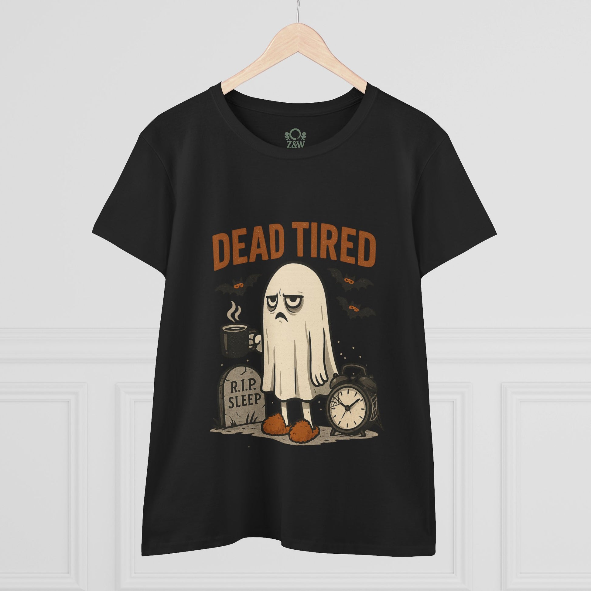 Front view of a Cute Whimsical Ghost T-Shirt for Halloween with 'Dead Tired' design, perfect gift for spooky season.