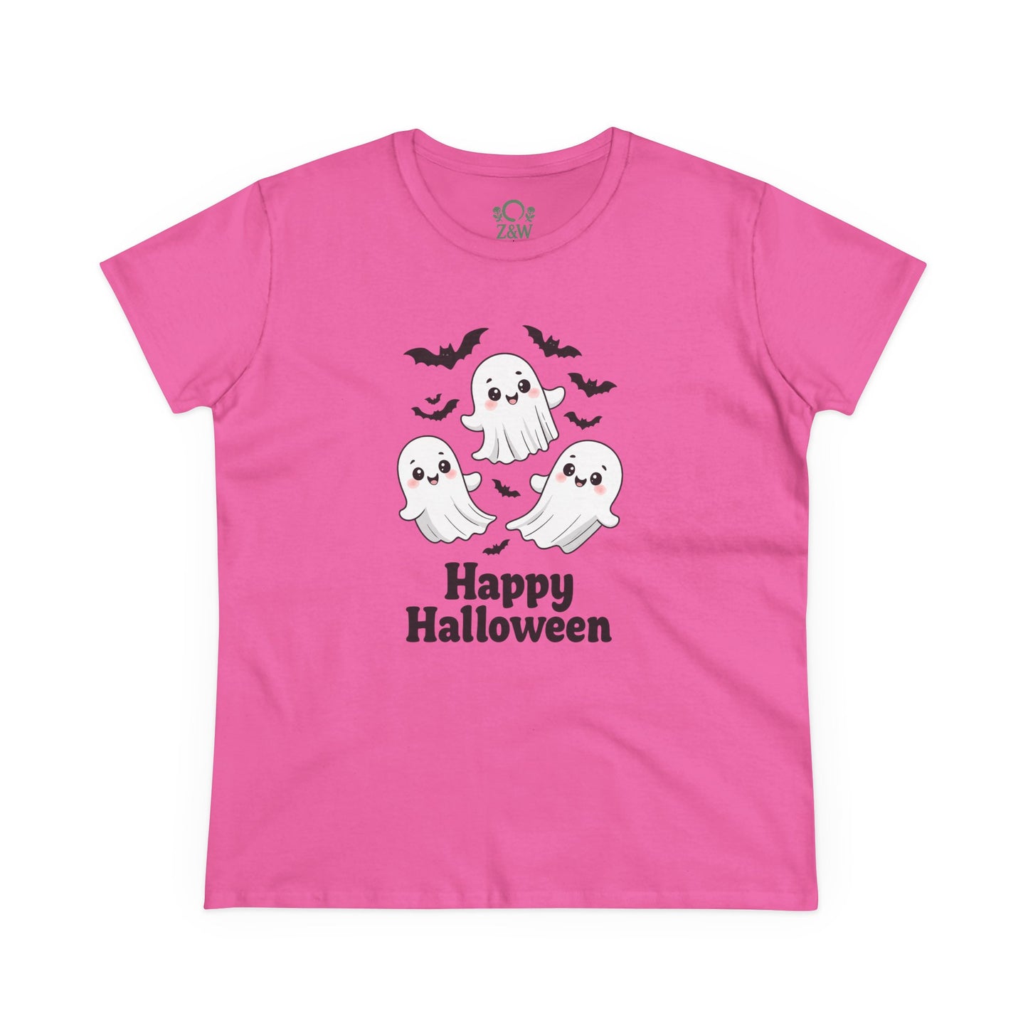 Cute Halloween Ghost T-Shirt for Kids & Adults in vivid pink, featuring three cute ghosts, great for Halloween parties. Made from soft, high-quality cotton.