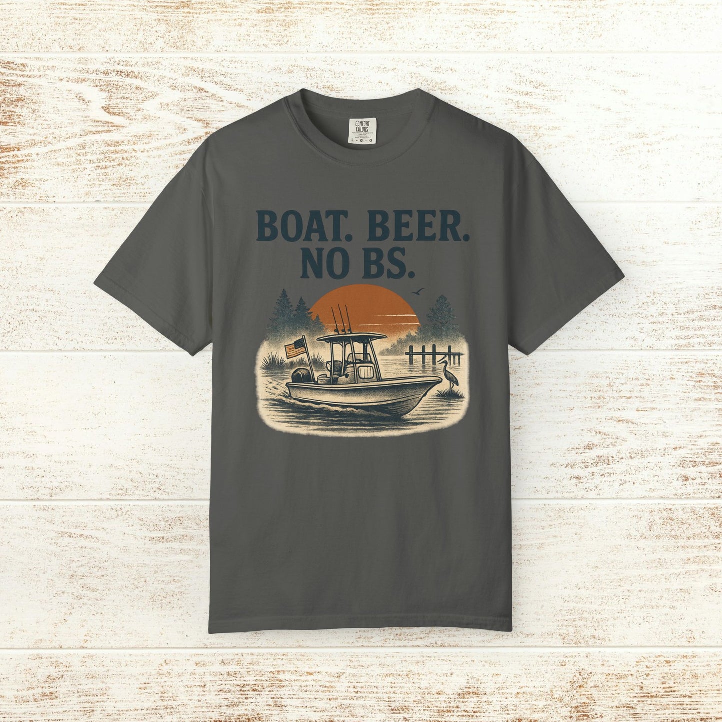 Boat Beer No BS Tee in dark gray, featuring a boat motif at sunset with the catchy phrase 'BOAT. BEER. NO BS.', a stylish choice for boating enthusiasts.