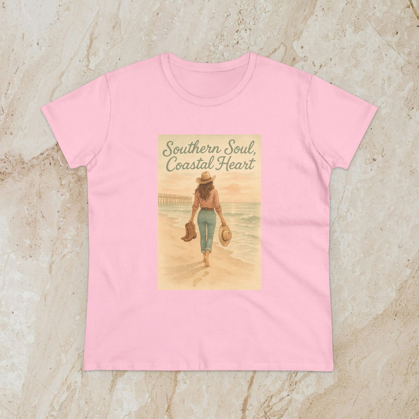 Southern Soul Coated Heart Tee in pink, featuring a delightful illustration of a woman walking on the beach, perfect for sunny days and relaxation.