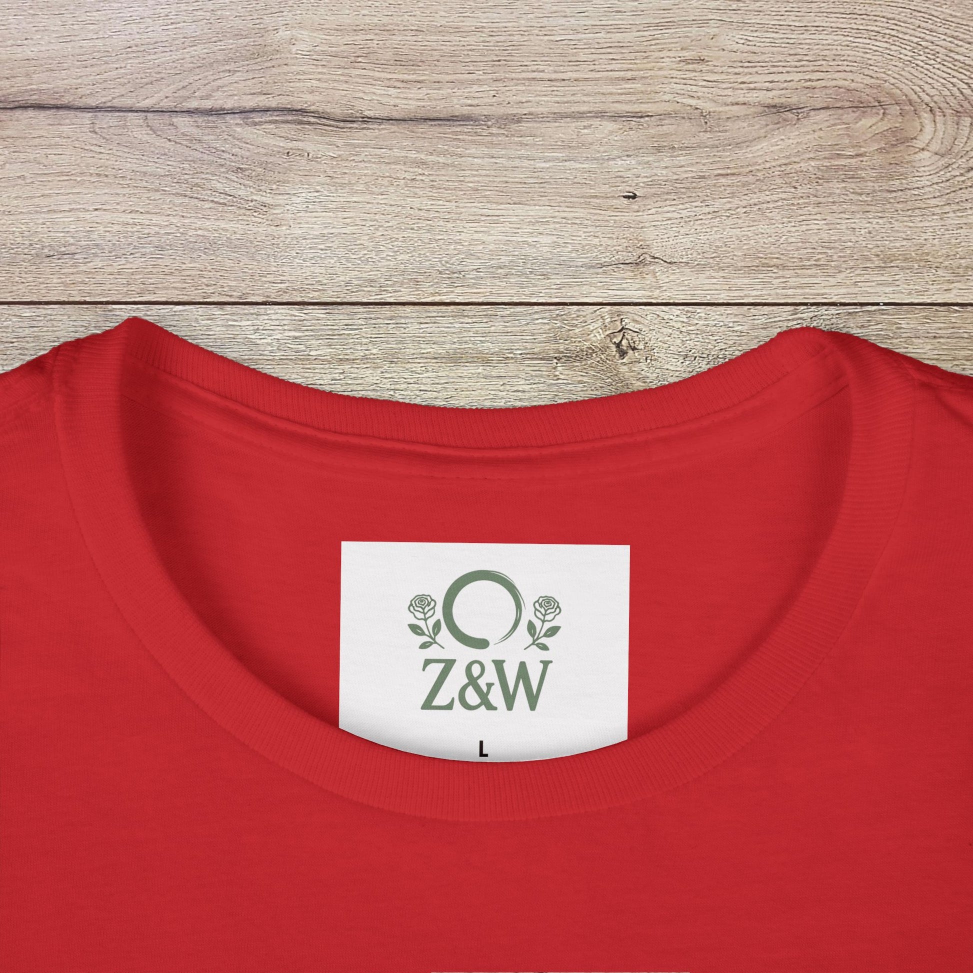 Close-up of the collar label of Sippin' Through The Seasons Slim Fit Tee in red color, featuring the Z&W brand and size L, made from 100% combed cotton for premium quality.