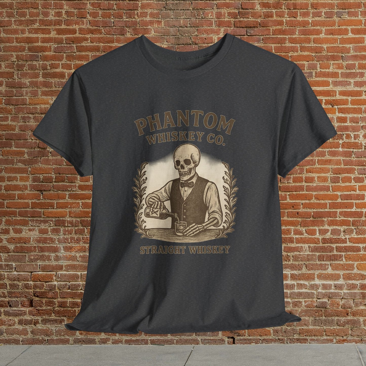 Vintage Skull Whiskey Lover Unisex Tee in dark gray showcasing a vintage skeleton graphic with 'Phantom Whiskey Co. - Straight Whiskey', ideal for whiskey enthusiasts and Halloween gifts.