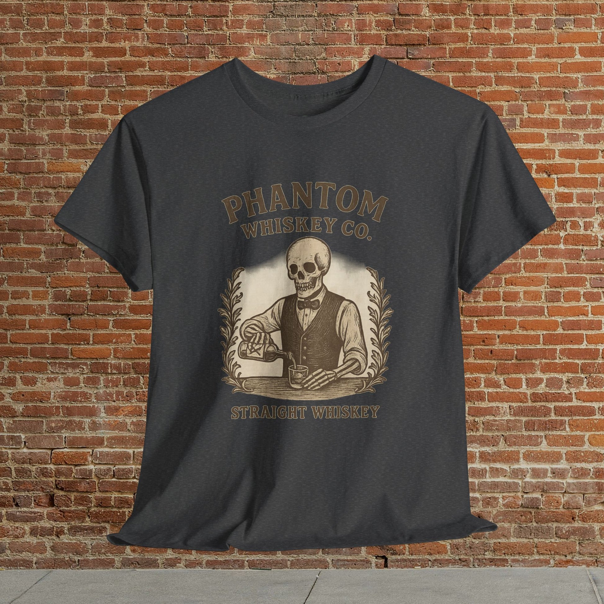 Vintage Skull Whiskey Lover Unisex Tee in dark gray showcasing a vintage skeleton graphic with 'Phantom Whiskey Co. - Straight Whiskey', ideal for whiskey enthusiasts and Halloween gifts.