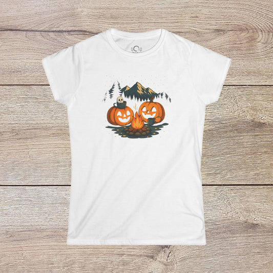 Fall Pumpkin Campfire T-Shirt in white displaying a charming Halloween scene with pumpkins and a campfire, made from 100% cotton, ideal for Halloween festivities.