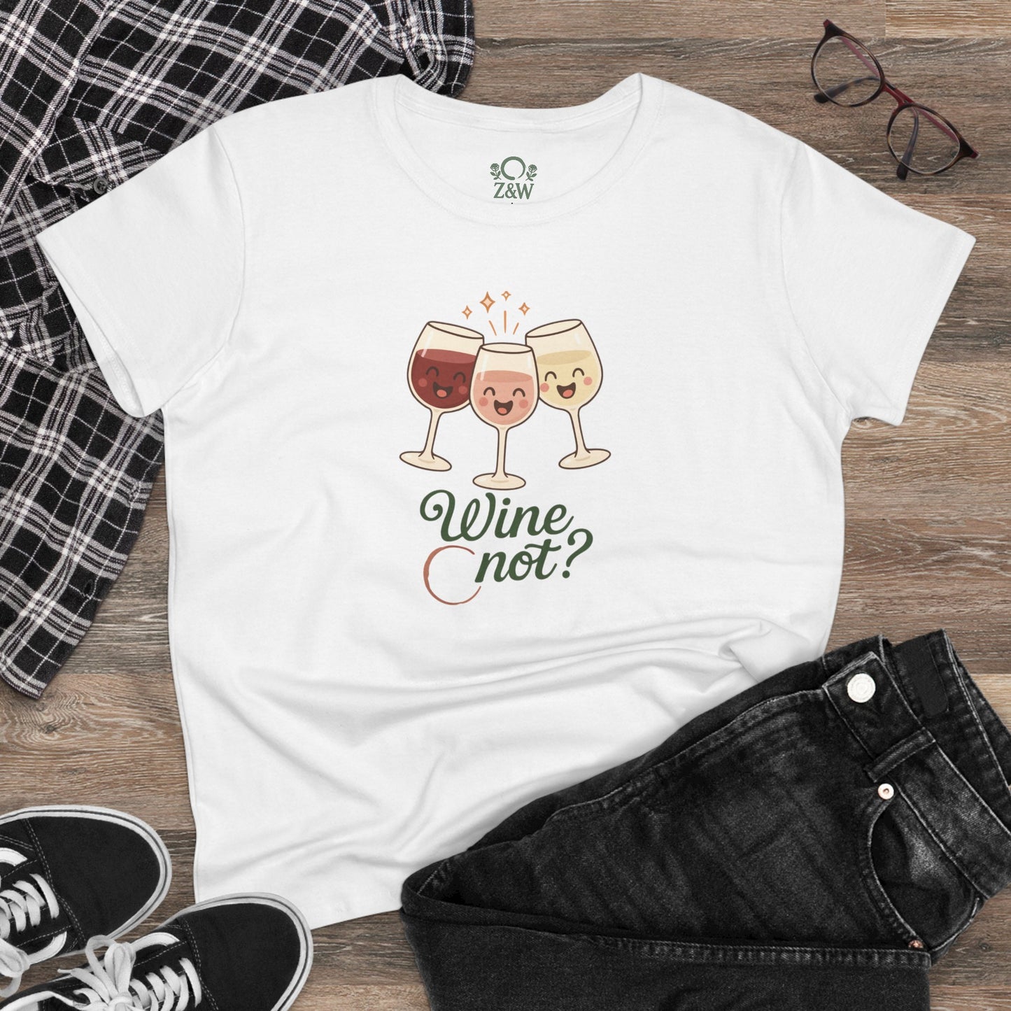 Wine Not Tee displayed with trendy outfit items, showcasing the fun wine glass design on a white shirt.