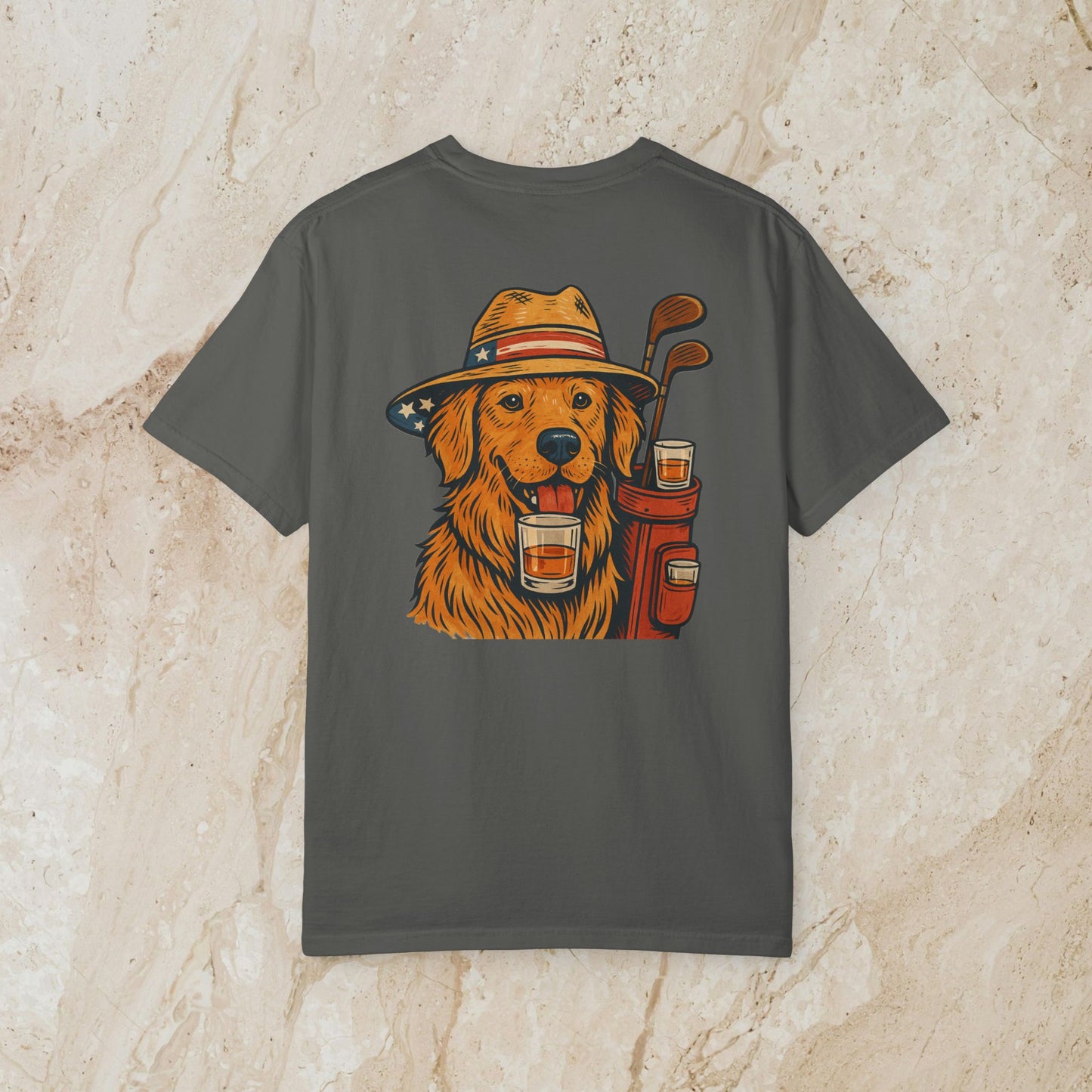 Golden Whiskey Dog Tee featuring a charming golden retriever graphic in a cowboy hat with golf equipment, perfect vintage style for pet lovers.