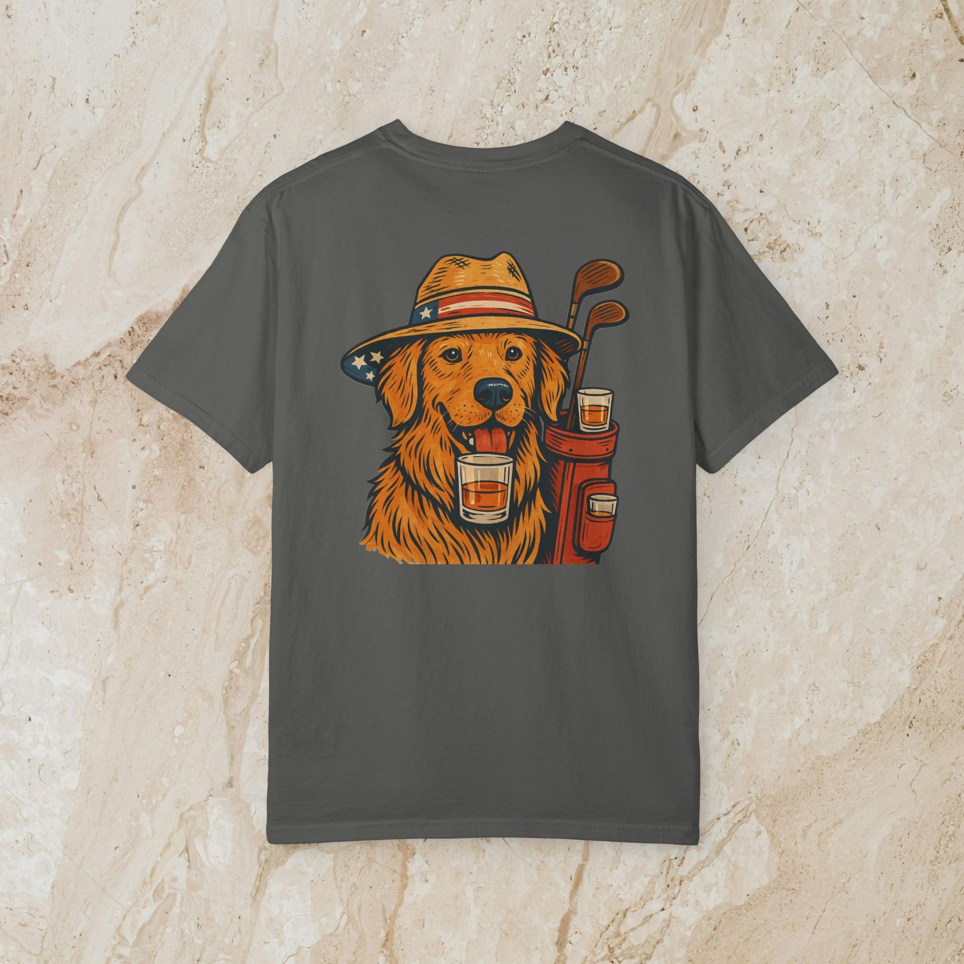 Golden Whiskey Dog Tee featuring a charming golden retriever graphic in a cowboy hat with golf equipment, perfect vintage style for pet lovers.