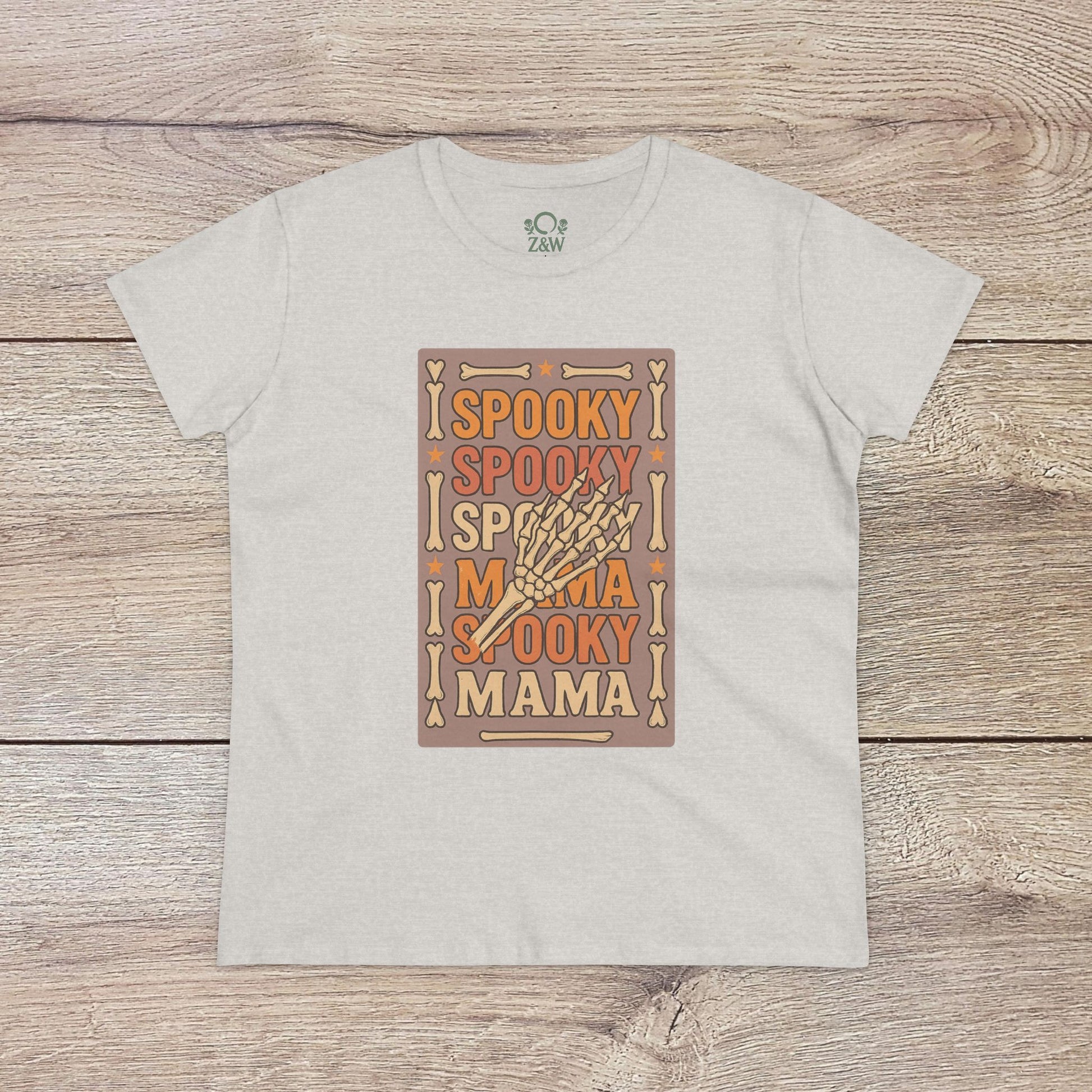 Spooky Mama Tee in light grey - Made from soft cotton, showcasing a fun design with 'Spooky Mama' prominently displayed. Ideal for Halloween festivities and everyday wear.