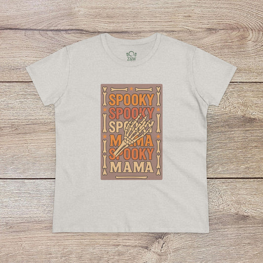 Spooky Mama Tee in light grey - Made from soft cotton, showcasing a fun design with 'Spooky Mama' prominently displayed. Ideal for Halloween festivities and everyday wear.