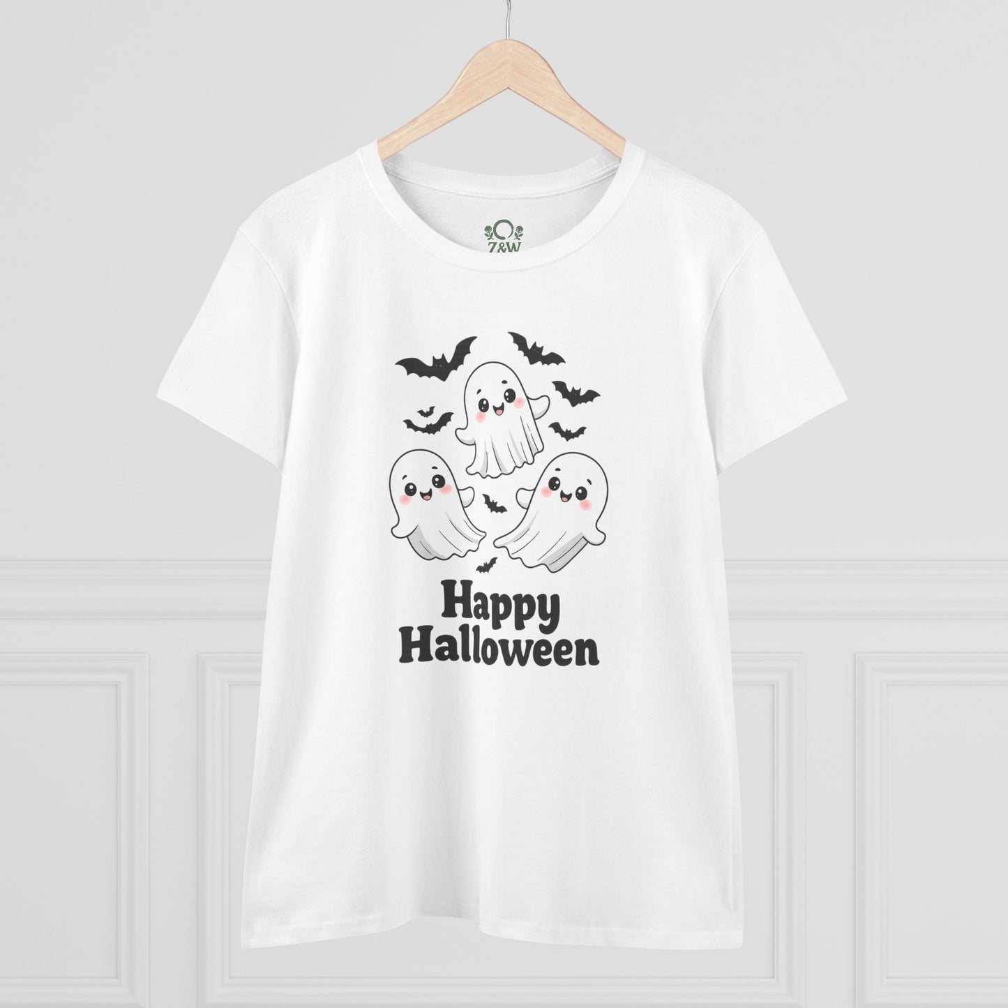 Cute Halloween Ghost T-Shirt for Kids & Adults, Unisex Spooky Tee featuring adorable ghosts and bats, perfect for Halloween celebrations.