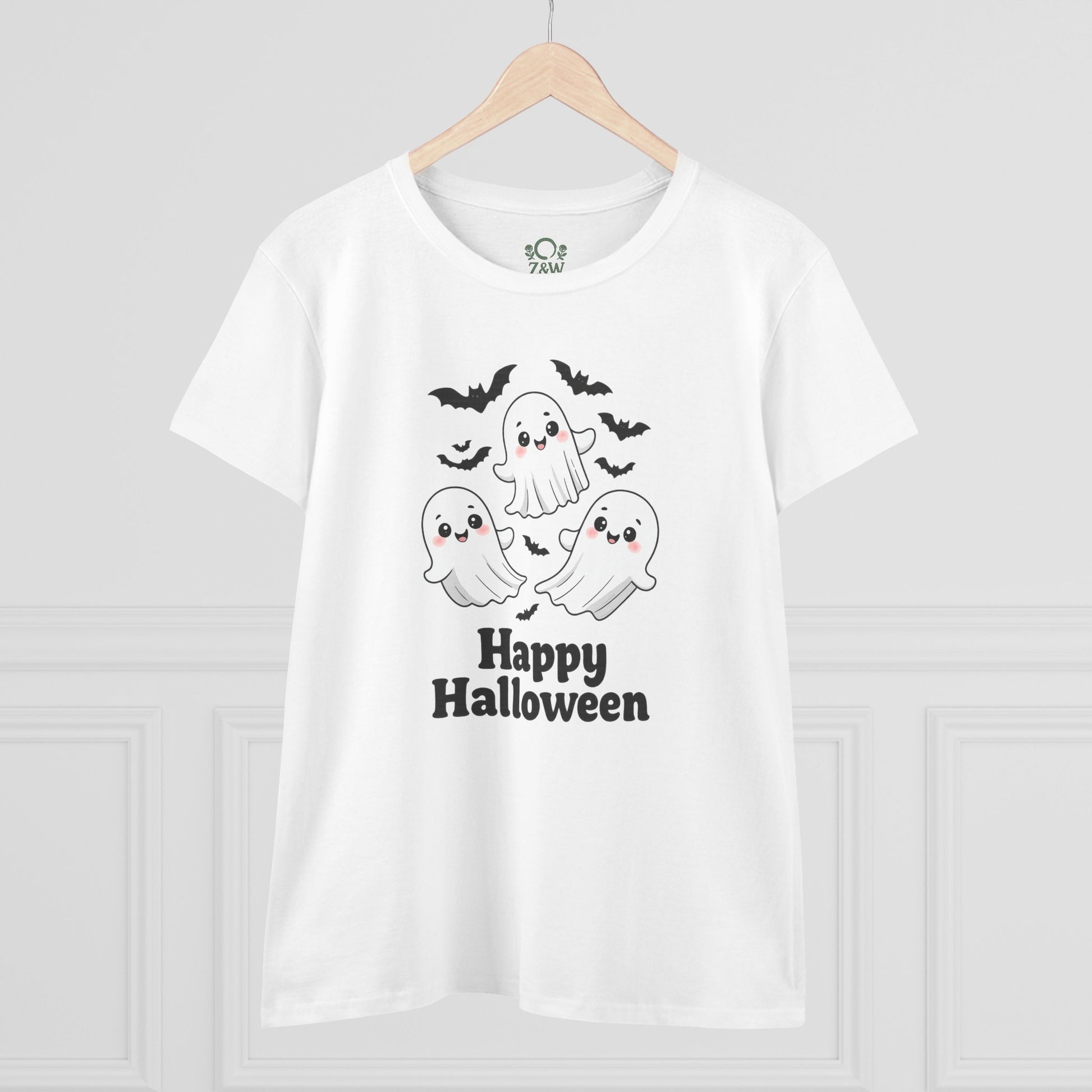 Cute Halloween Ghost T-Shirt for Kids & Adults, Unisex Spooky Tee featuring adorable ghosts and bats, perfect for Halloween celebrations.