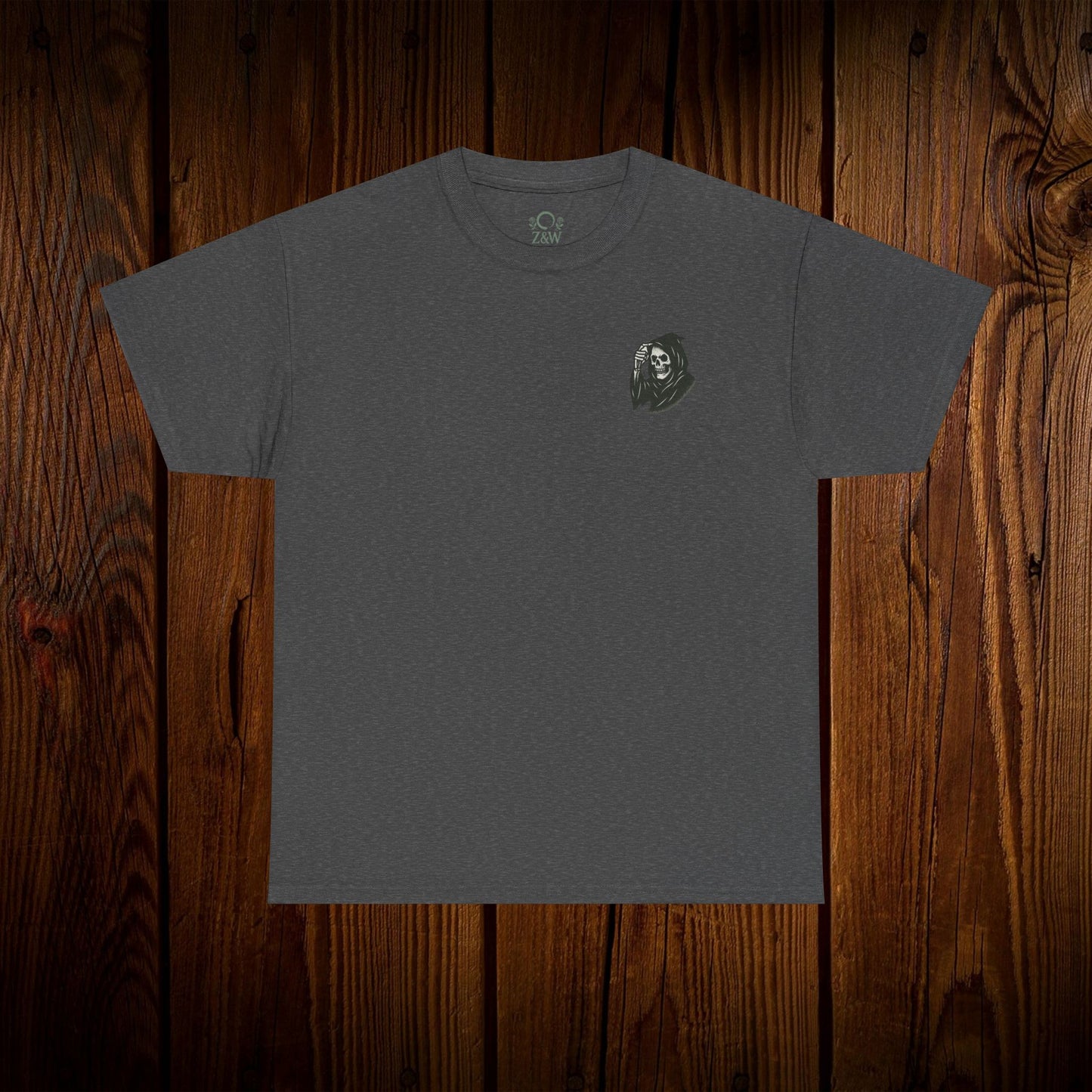 Spooky Halloween Graphic Tee on a wooden surface showcasing the front of the unisex cotton shirt in a stylish gray color, perfect for casual Halloween outfits.