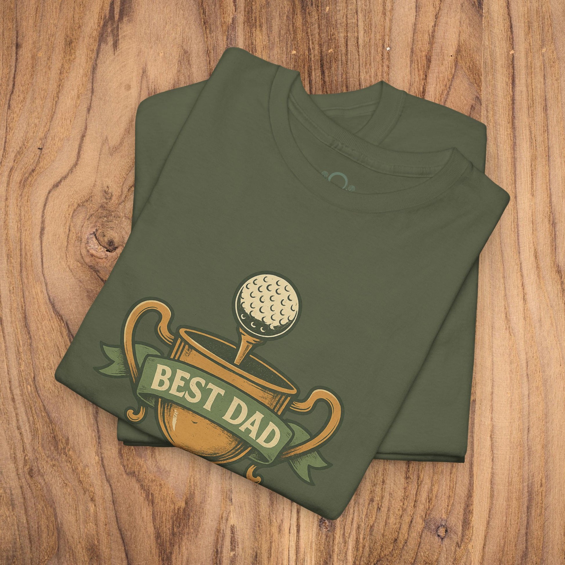 Best Dad Trophy T-Shirt in olive green, featuring an eye-catching print of a golf trophy with the text 'BEST DAD,' made of soft cotton for durable comfort.