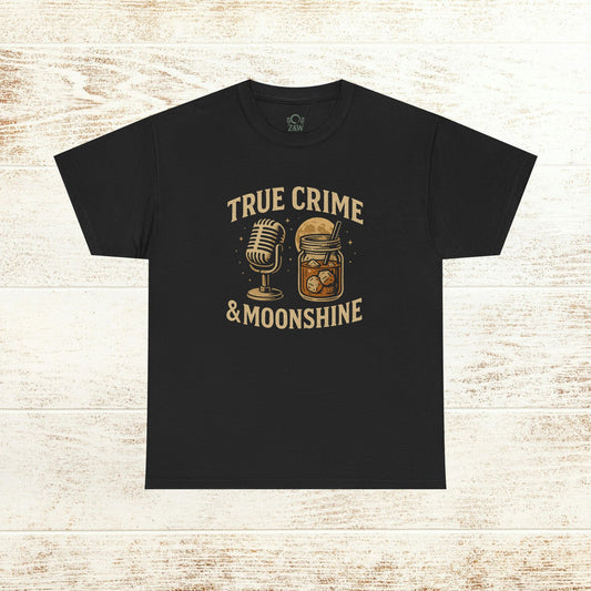 True Crime & Moonshine Unisex Graphic Tee in black - Vintage Casual Wear for True Crime Lovers featuring a microphone and moonshine jar design.