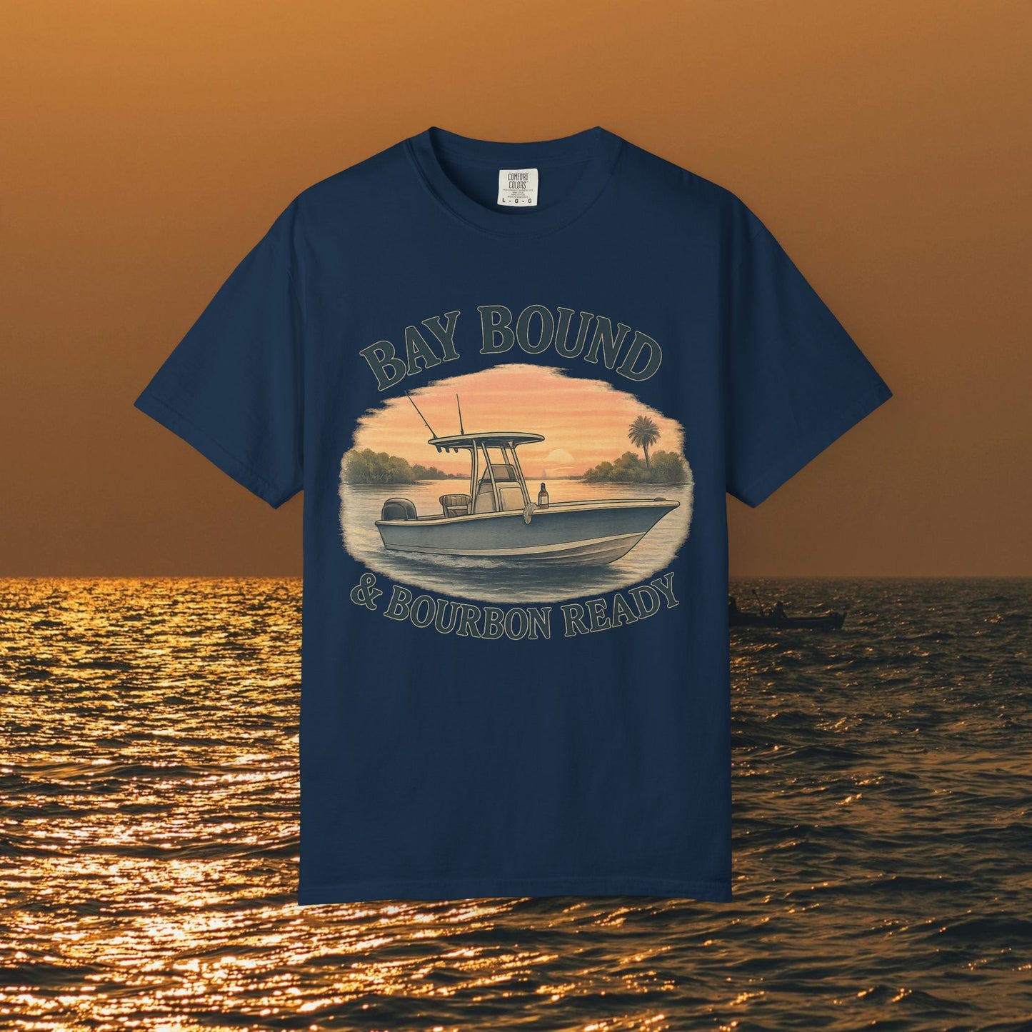 Bay Bound & Bourbon Ready T-Shirt in dark blue, featuring a sunset boat design, ideal for summer outdoor activities and ocean lovers.