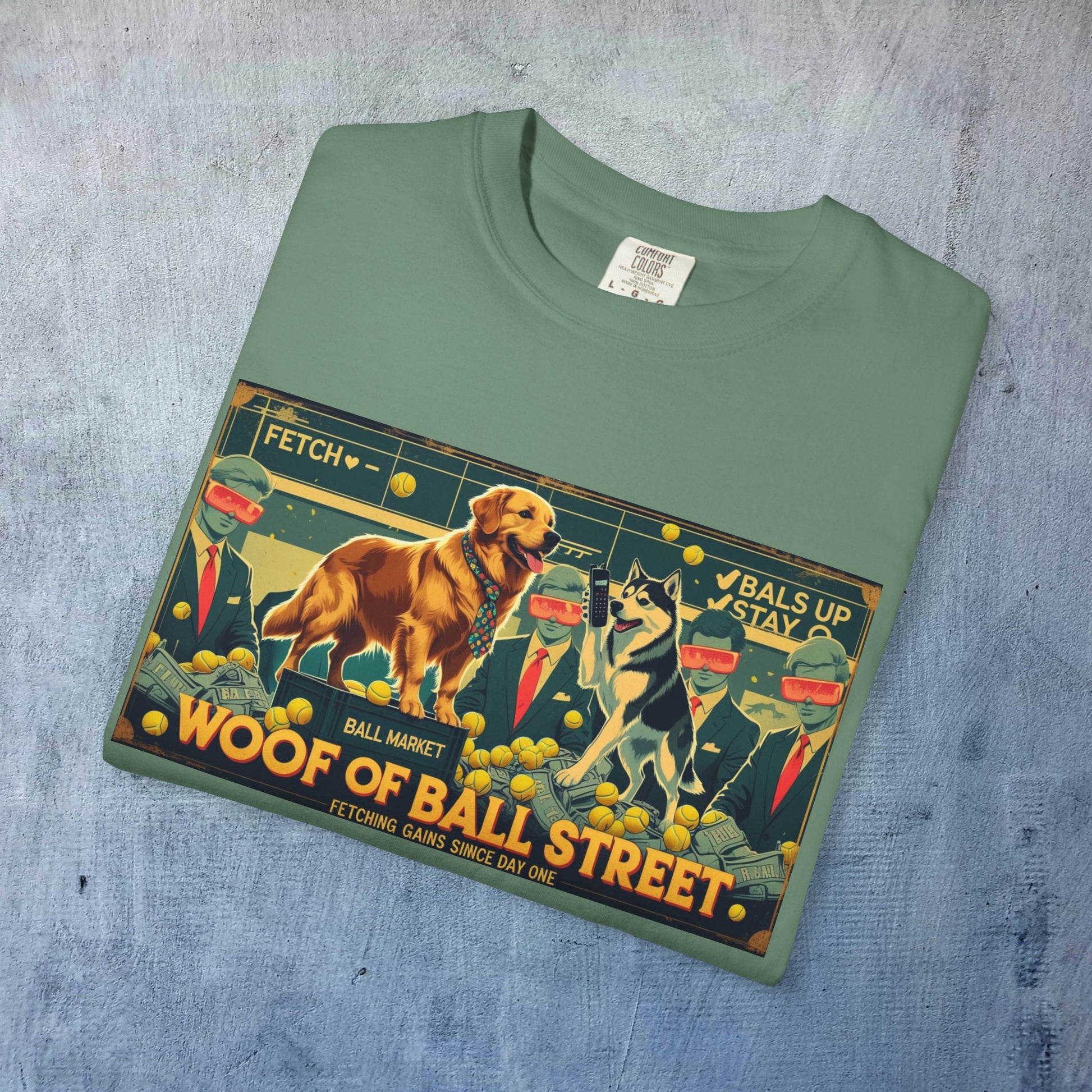 Sleek Woof of Ball Street T-Shirt featuring a vibrant graphic with dogs in a playful setting, ideal for casual wear.