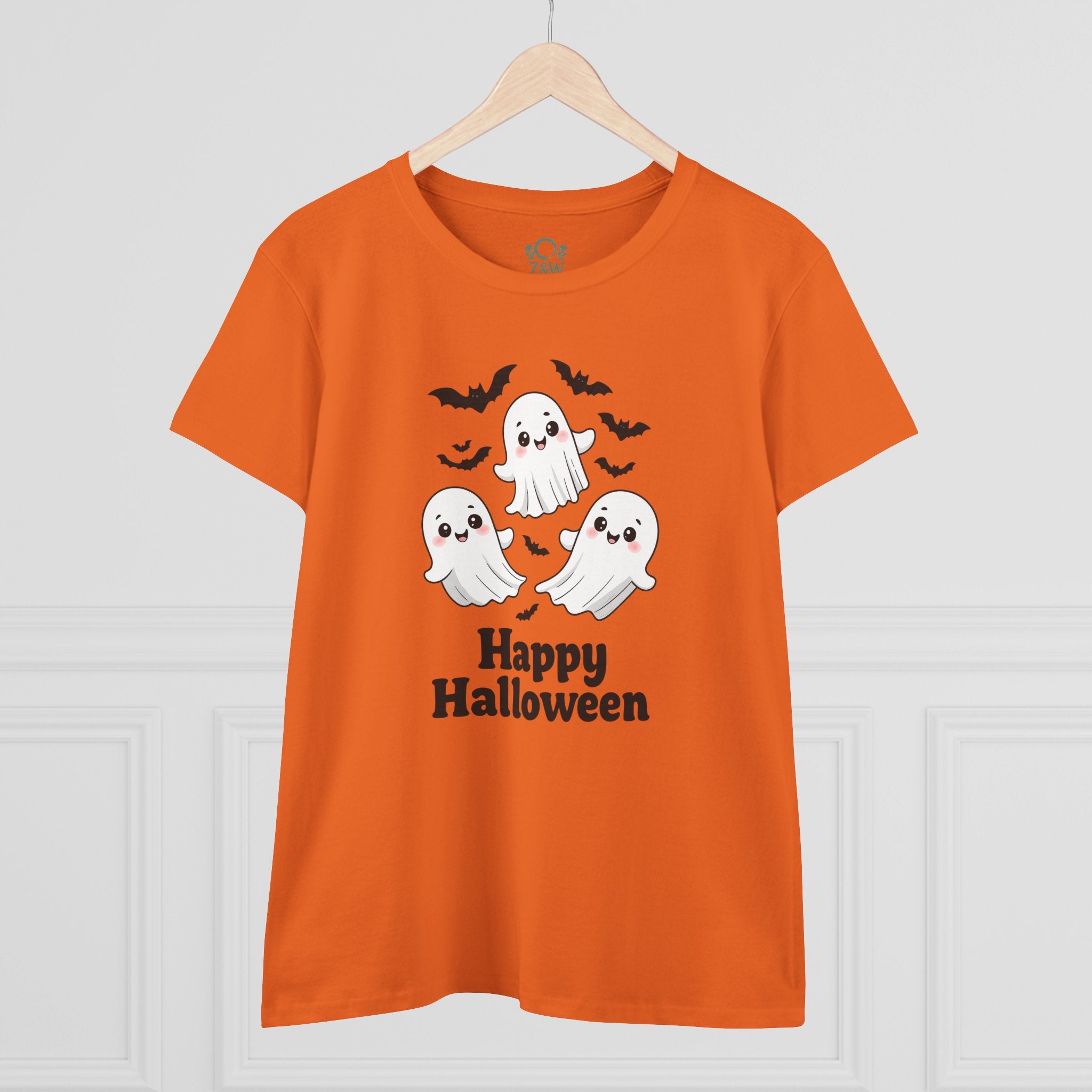 Cute Halloween Ghost T-Shirt for Kids & Adults displayed on a hanger in orange, featuring cute ghosts and bats for a fun Halloween look.