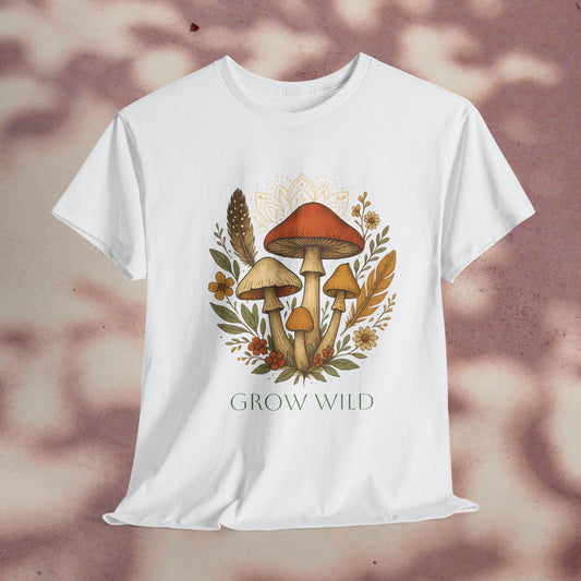 Wild Mushroom Graphic Tee in white, showcasing an intricate design of mushrooms surrounded by flowers. Ideal eco-friendly unisex cotton shirt for nature enthusiasts and adventure lovers.