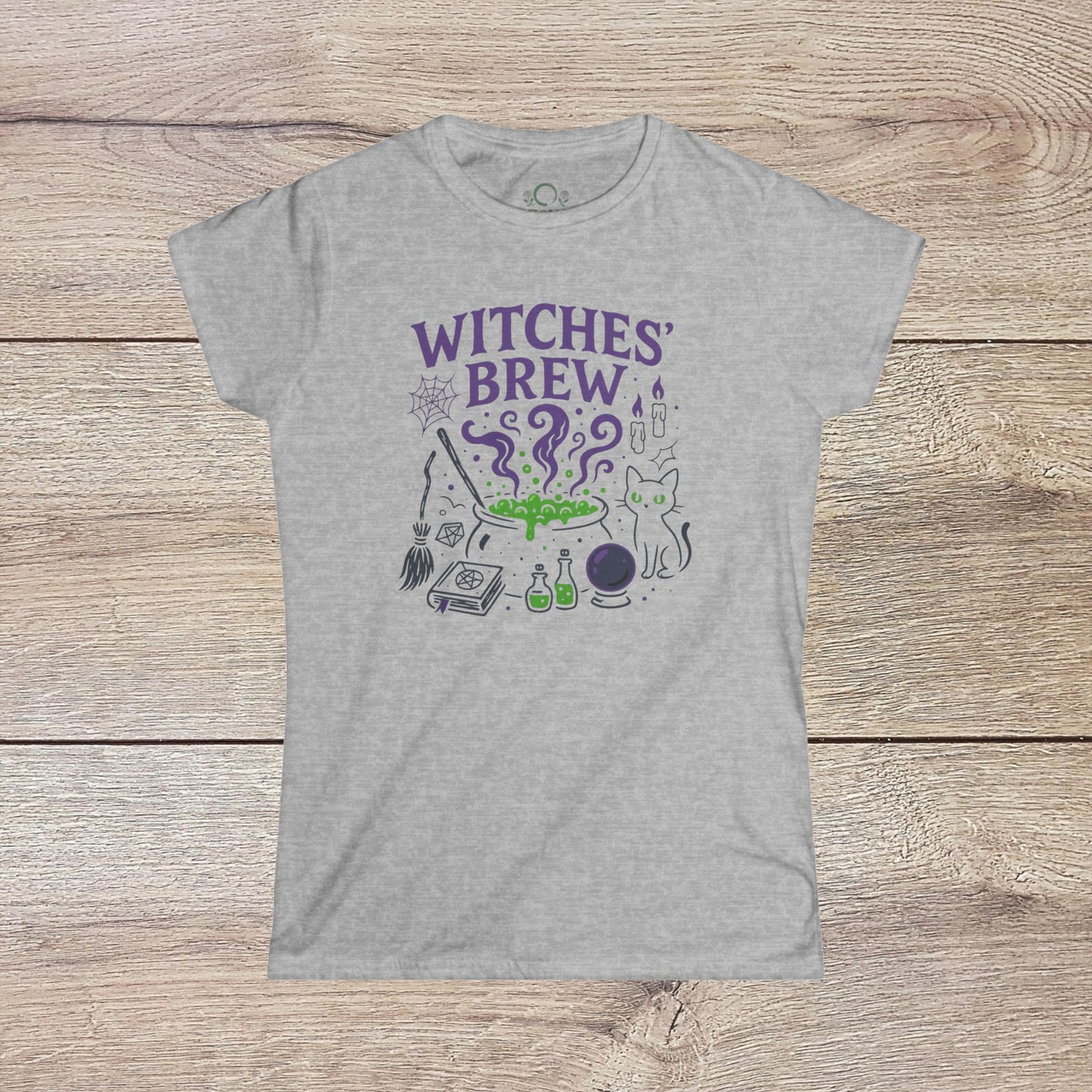 Witches' Brew Halloween T-Shirt in gray displaying a charming illustration of a cauldron with potions, a cat, and witchy symbols, made with eco-friendly cotton in a classic fit.