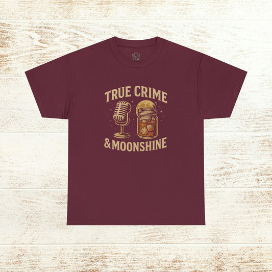 True Crime & Moonshine Unisex Graphic Tee in burgundy - Vintage Casual Wear for True Crime Lovers showcasing a microphone and moonshine jar graphic.
