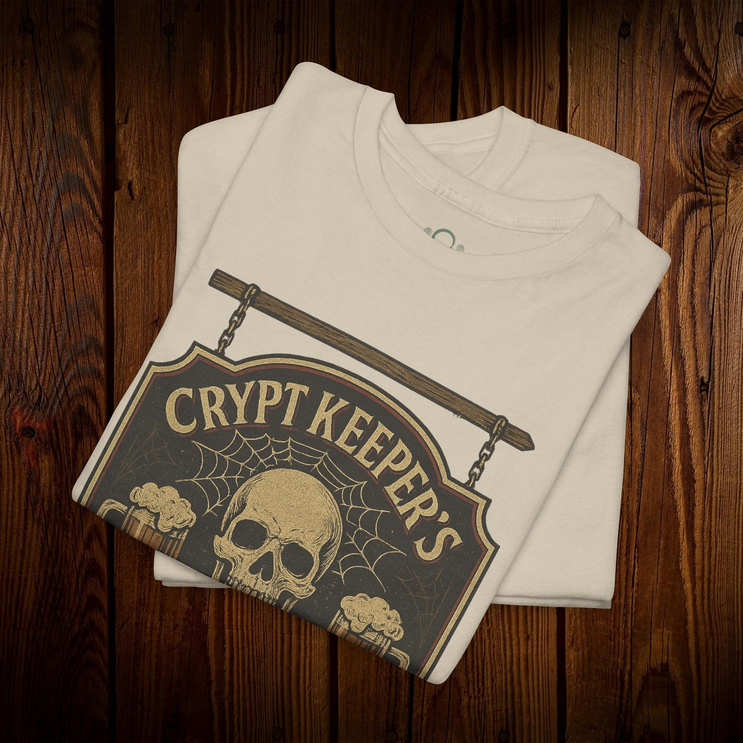 Crypt Keeper's Pub Tee in white, showcasing a detailed skull graphic with a vintage style, perfect for pub crawls.
