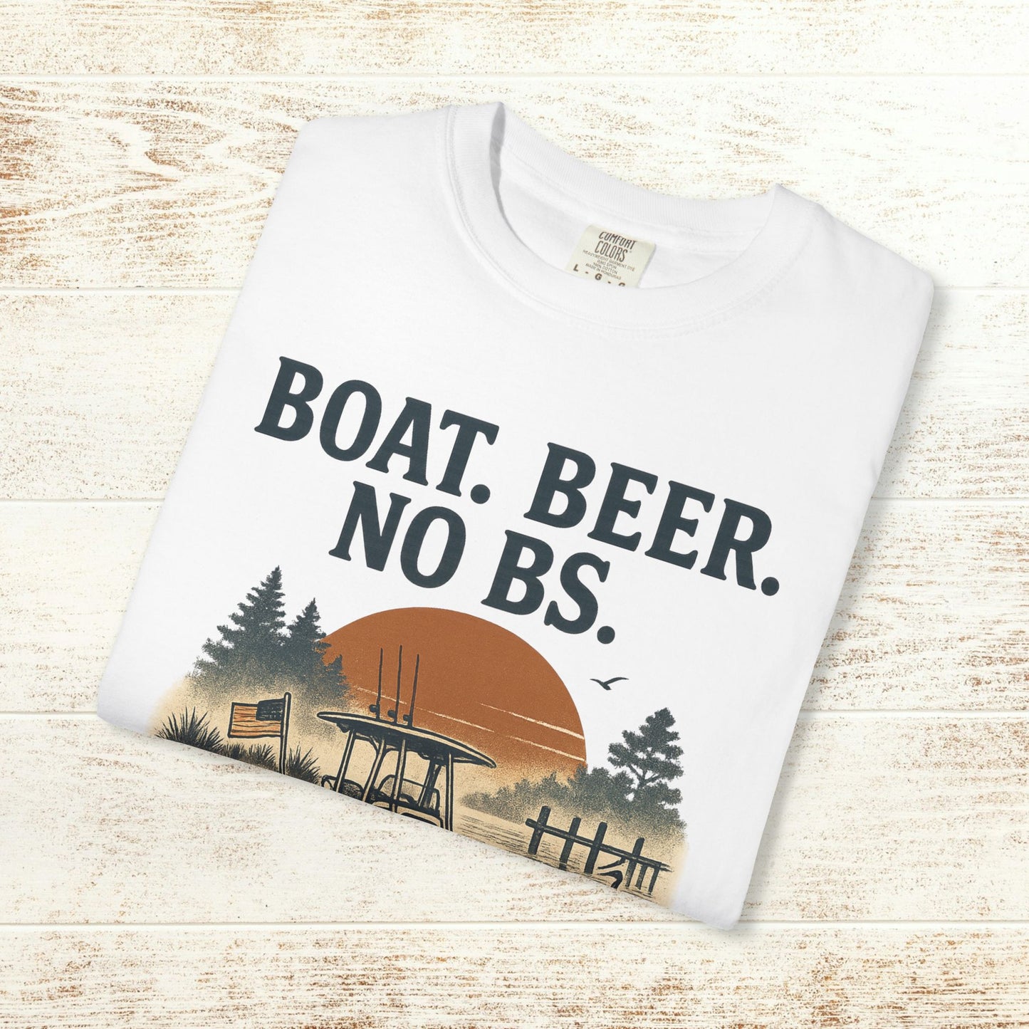 Boat Beer No BS Tee displayed flat in white color, featuring a stylish graphic with a sunset and forest.