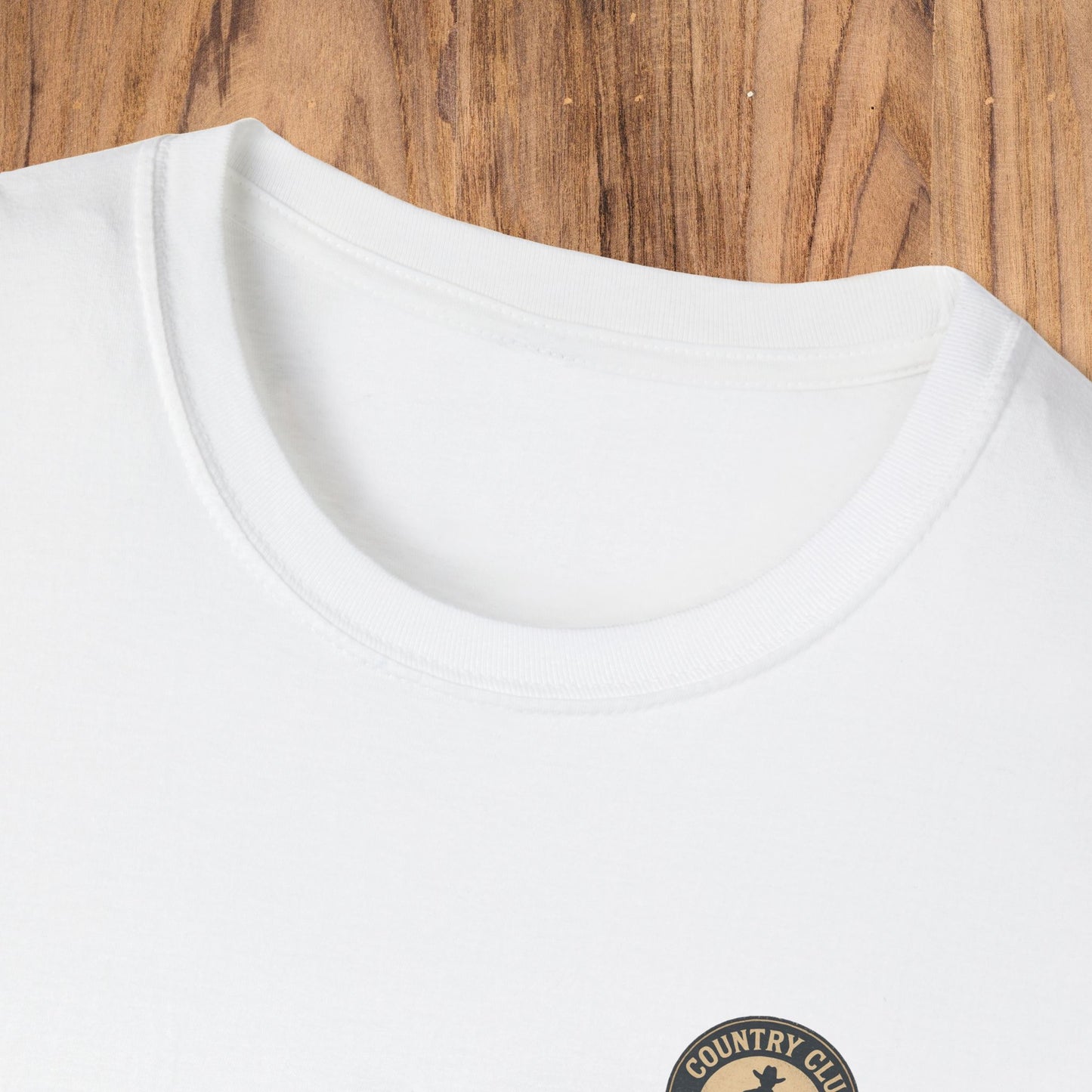 Close-up of the crew neckline on the white Vintage Southern Gentleman Golf Shirt, showing its soft material and stylish look.