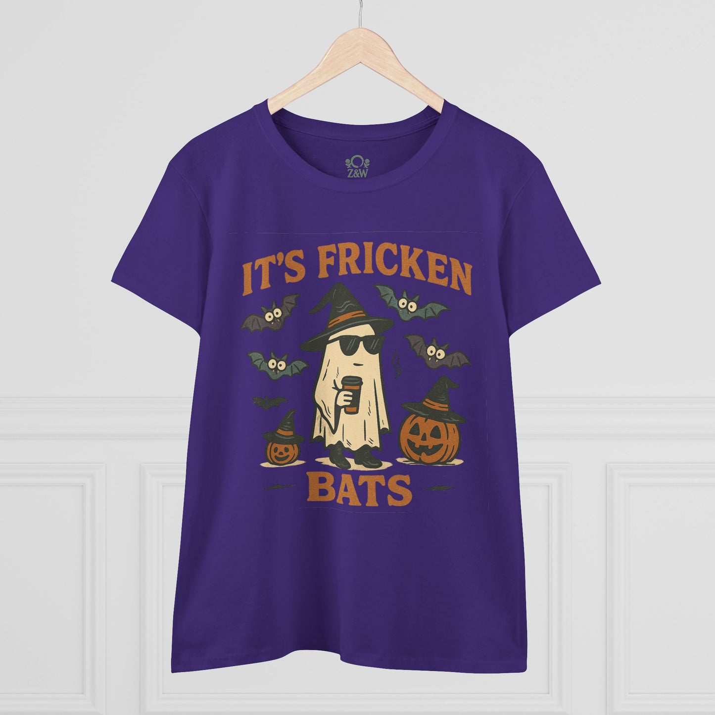 Halloween Unisex T-Shirt in purple displaying a graphic of a ghost with sunglasses, bats, and pumpkins. Made from 100% cotton, perfect for trick-or-treating.