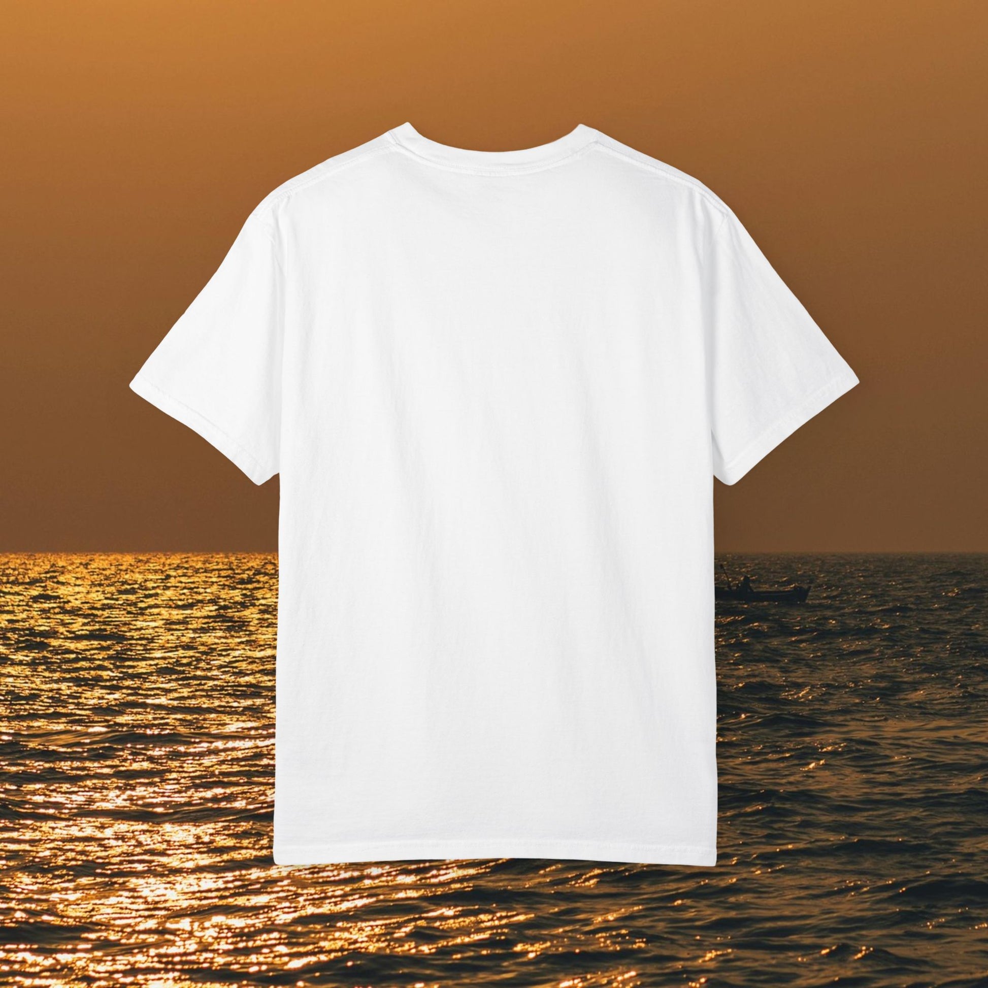 Back view of the Bay Bound T-Shirt for Summer in white, highlighting its soft cotton material in a sunset scenery, perfect for outdoor adventures.