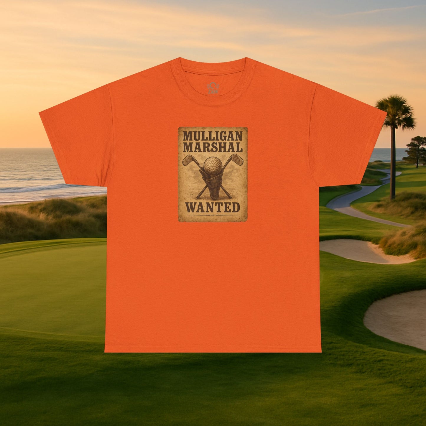Funny Mulligan Marshal Wanted Golf Tee Shirt in orange, perfect for golf lovers who enjoy a fun and casual style during summer.