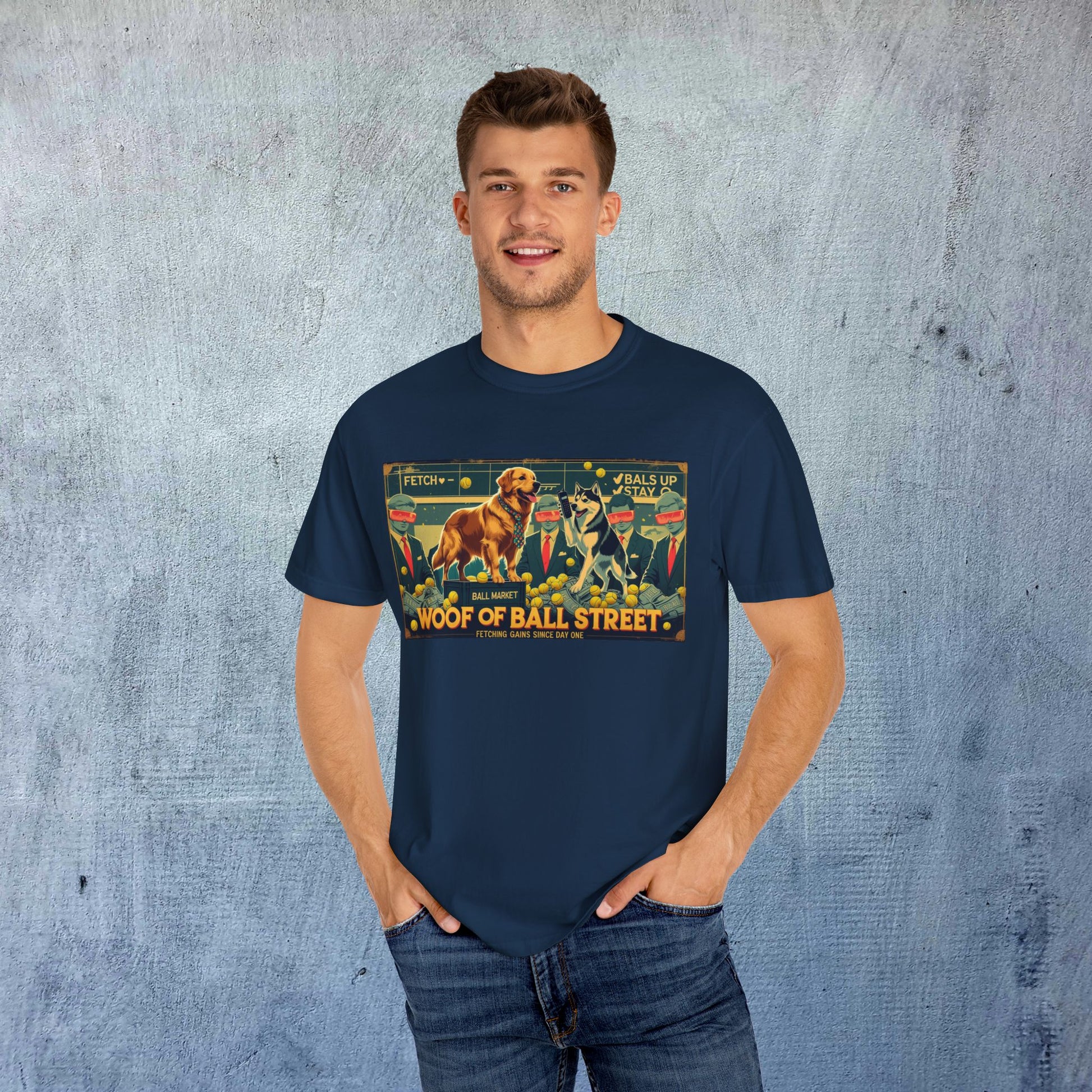 Smiling model wearing the navy Sleek Woof of Ball Street T-Shirt, emphasizing the unique artwork and comfortable fit for everyday style.