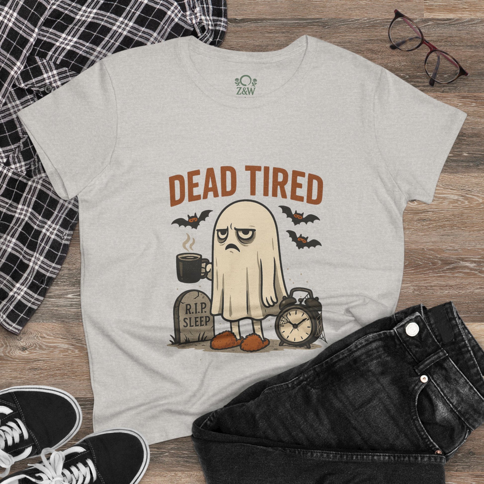 Cute Whimsical Ghost T-Shirt for Halloween featuring a 'Dead Tired' graphic, perfect cozy unisex lounge shirt for Halloween celebrations.