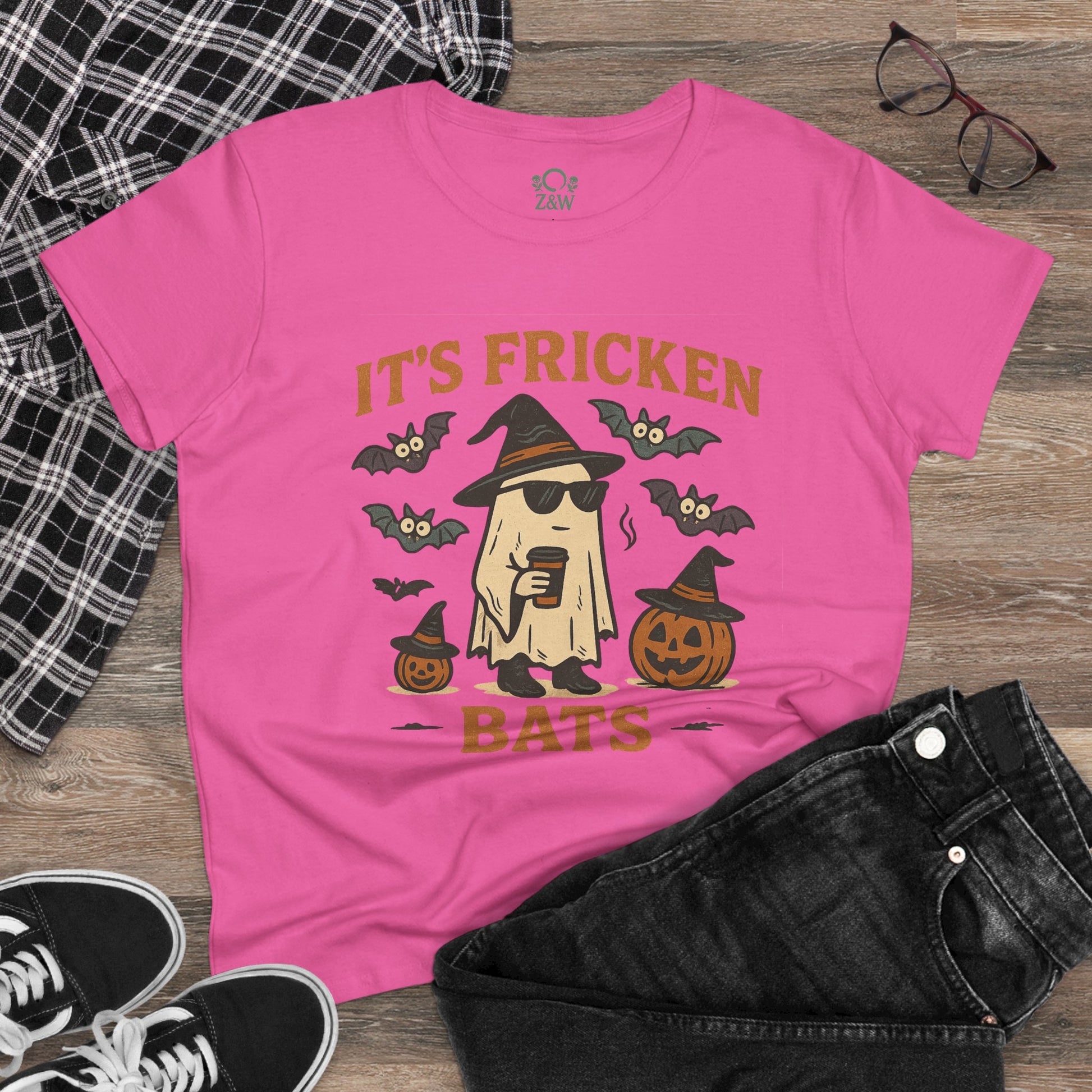 Casual look of a Halloween Unisex T-Shirt styled with jeans, displaying its funny ghost design, perfect for Halloween fun.