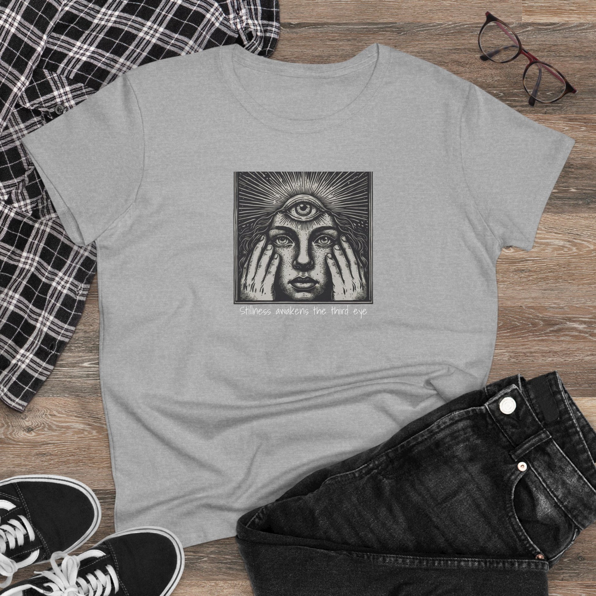 Stylish Third Eye Graphic Tee in grey, highlighted with an artistic eye design and hands. Made from 100% cotton for ultimate comfort, this cropped tee is perfect for fashionable, everyday wear.