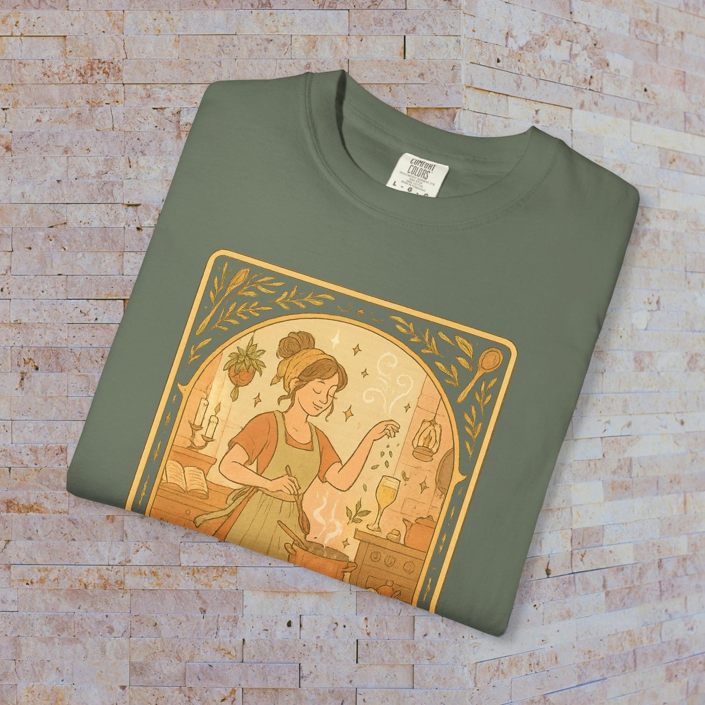 Culinary Queen Tarot Tee in forest green, presenting a delightful design of a woman cooking at home, perfect for aspiring chefs. Sizes range from S to 4XL, crafted from comfortable pre-shrunk cotton.