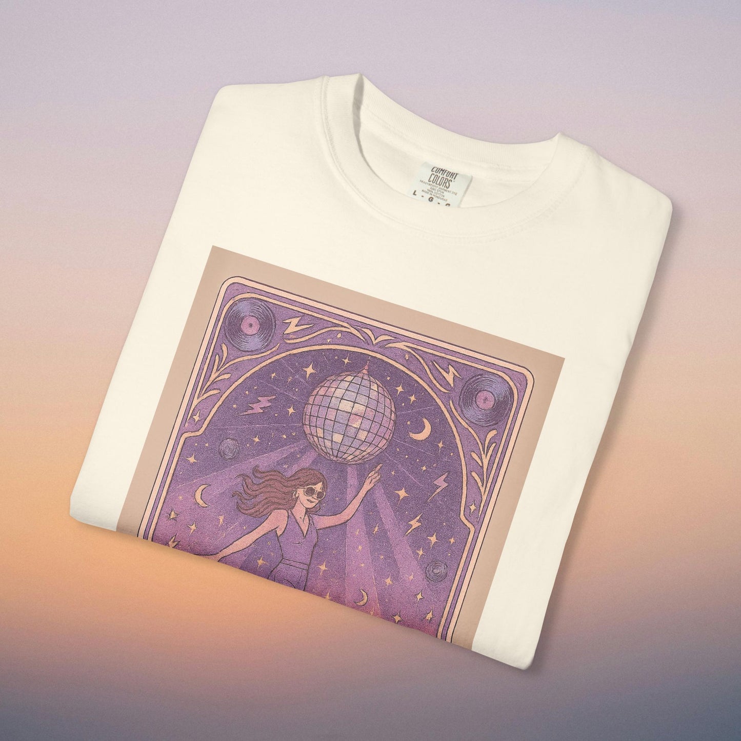Groove Tarot Graphic Tee in classic white, featuring an enchanting illustration of a woman with a disco ball, ideal for trendy and creative outfits.