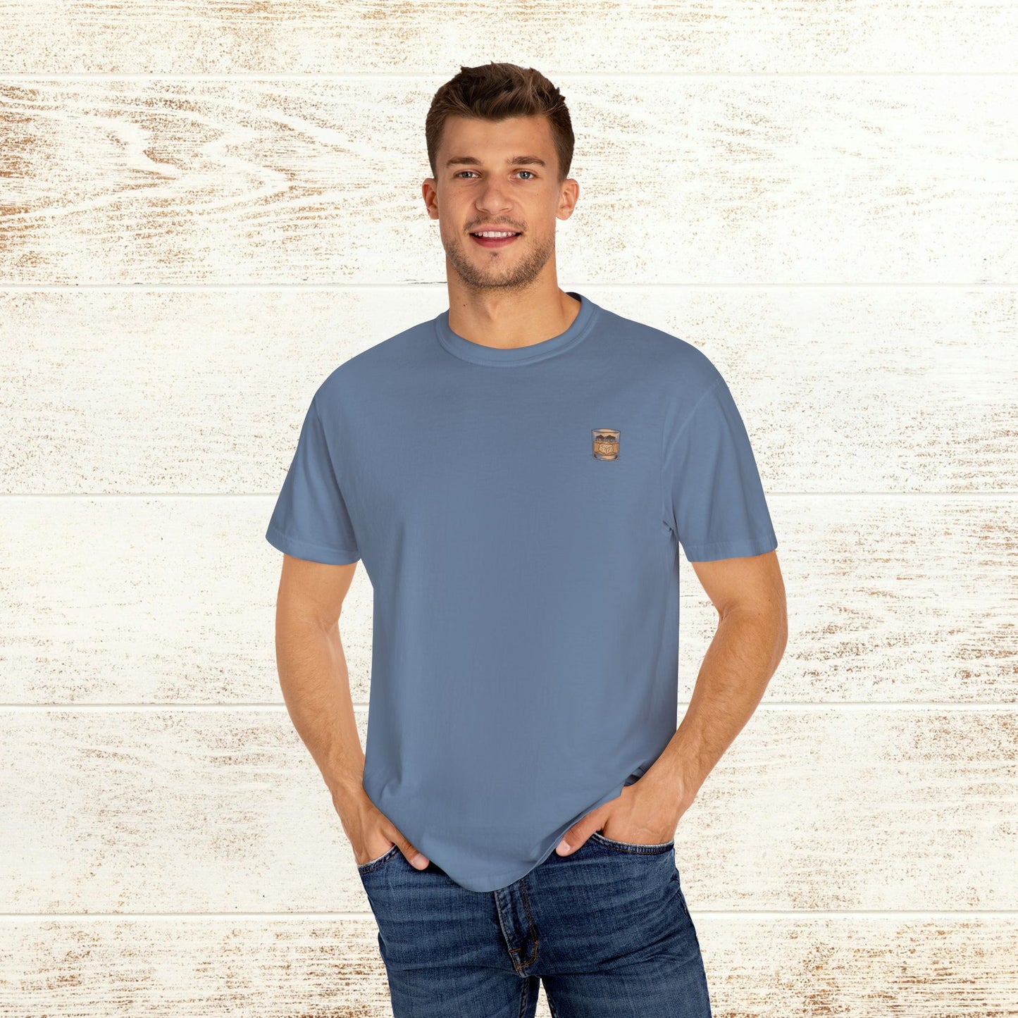 Model wearing the Rodeo On The Rocks Tee in a relaxed fit, showcasing the unique design and comfort of durable cotton fabric.