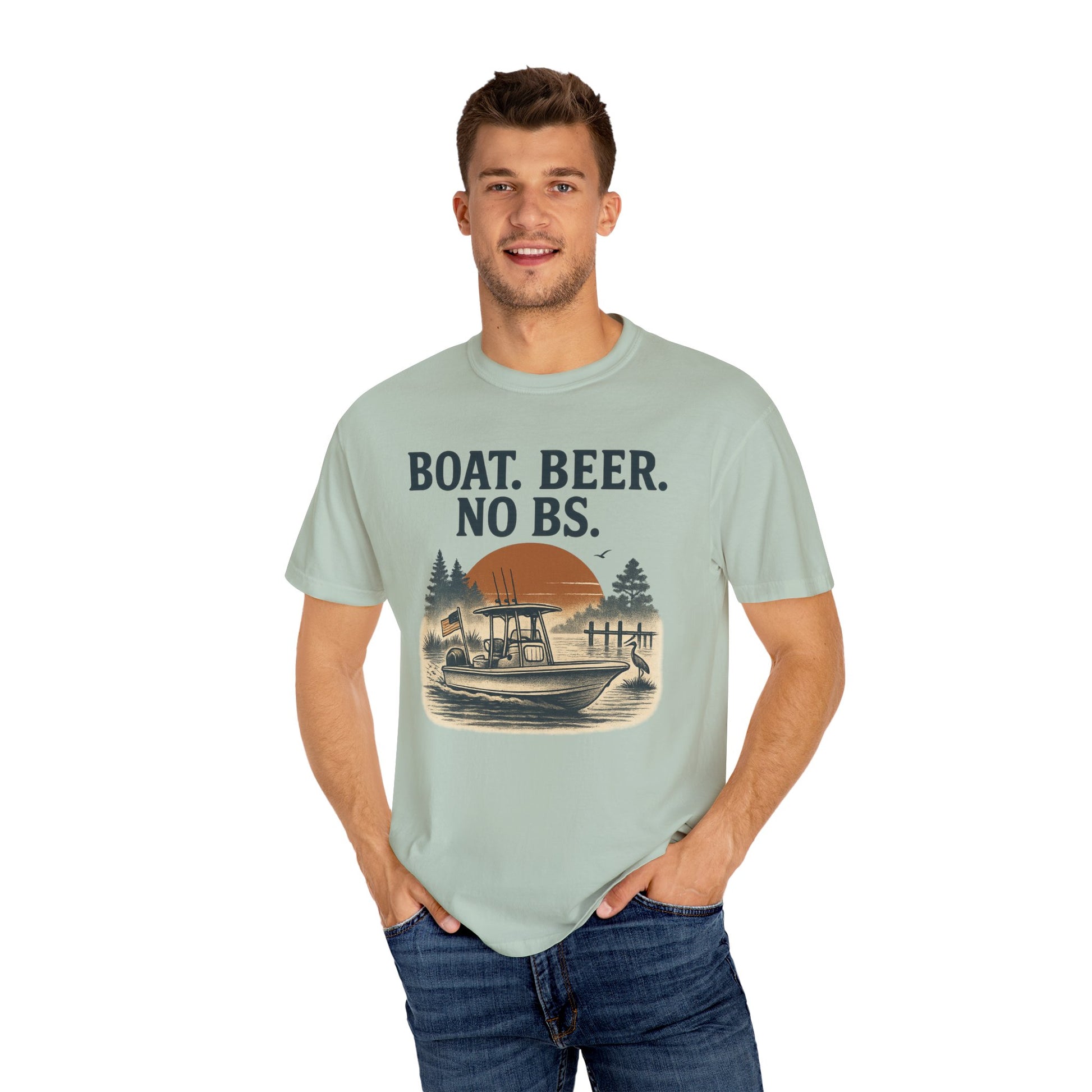 Man wearing the Boat Beer No BS Tee in mint green, showcasing a playful graphic design ideal for boating enthusiasts.