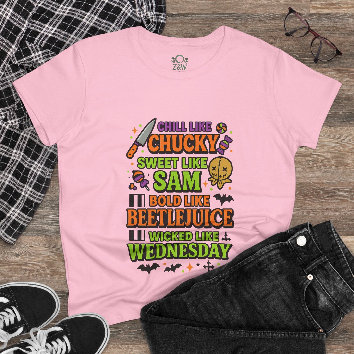 Spooktacular Horror Tee: Chill Like Chucky, Sweet Like Sam, Beetlejuice, Wednesday Addams, Halloween Shirt, Horror Fan Gift